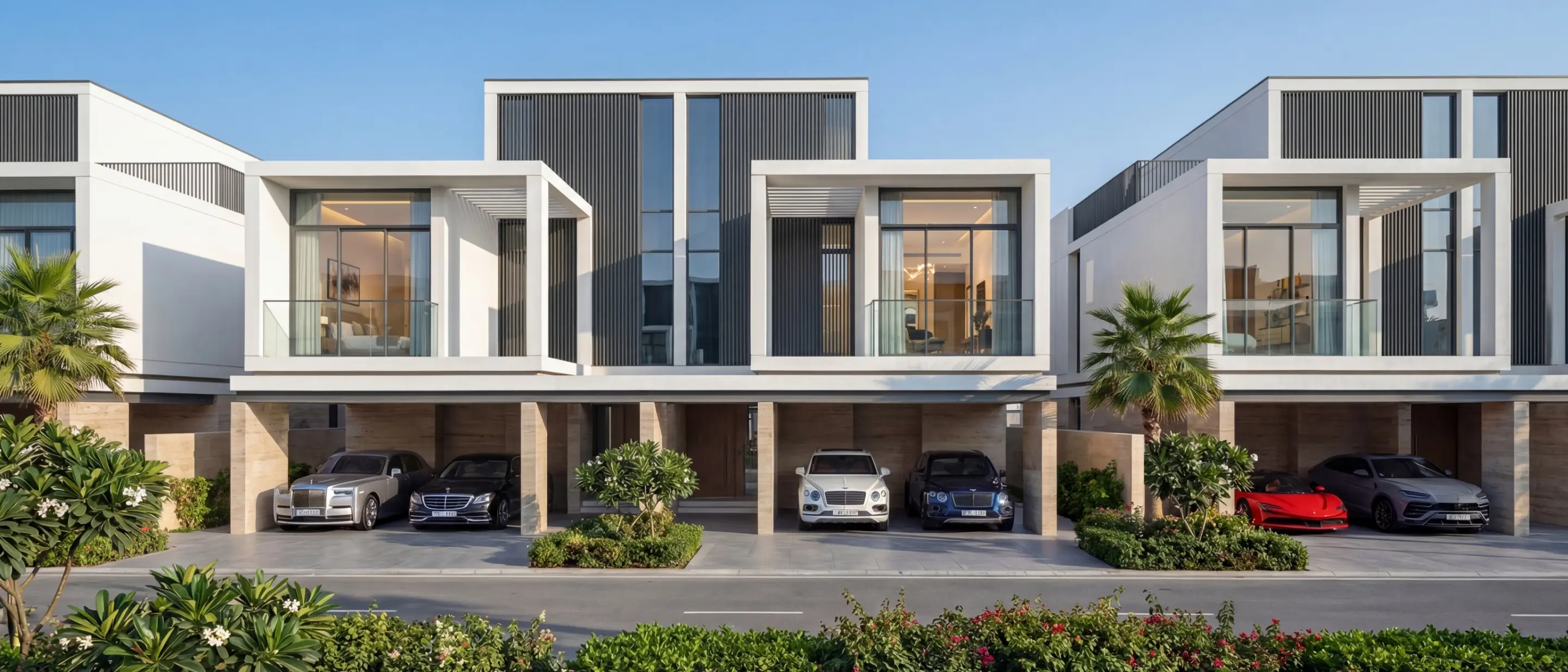 Render of a street of 5-bedroom courtyard villas: white-framed balconies and grey slatted upper floors above covered parking