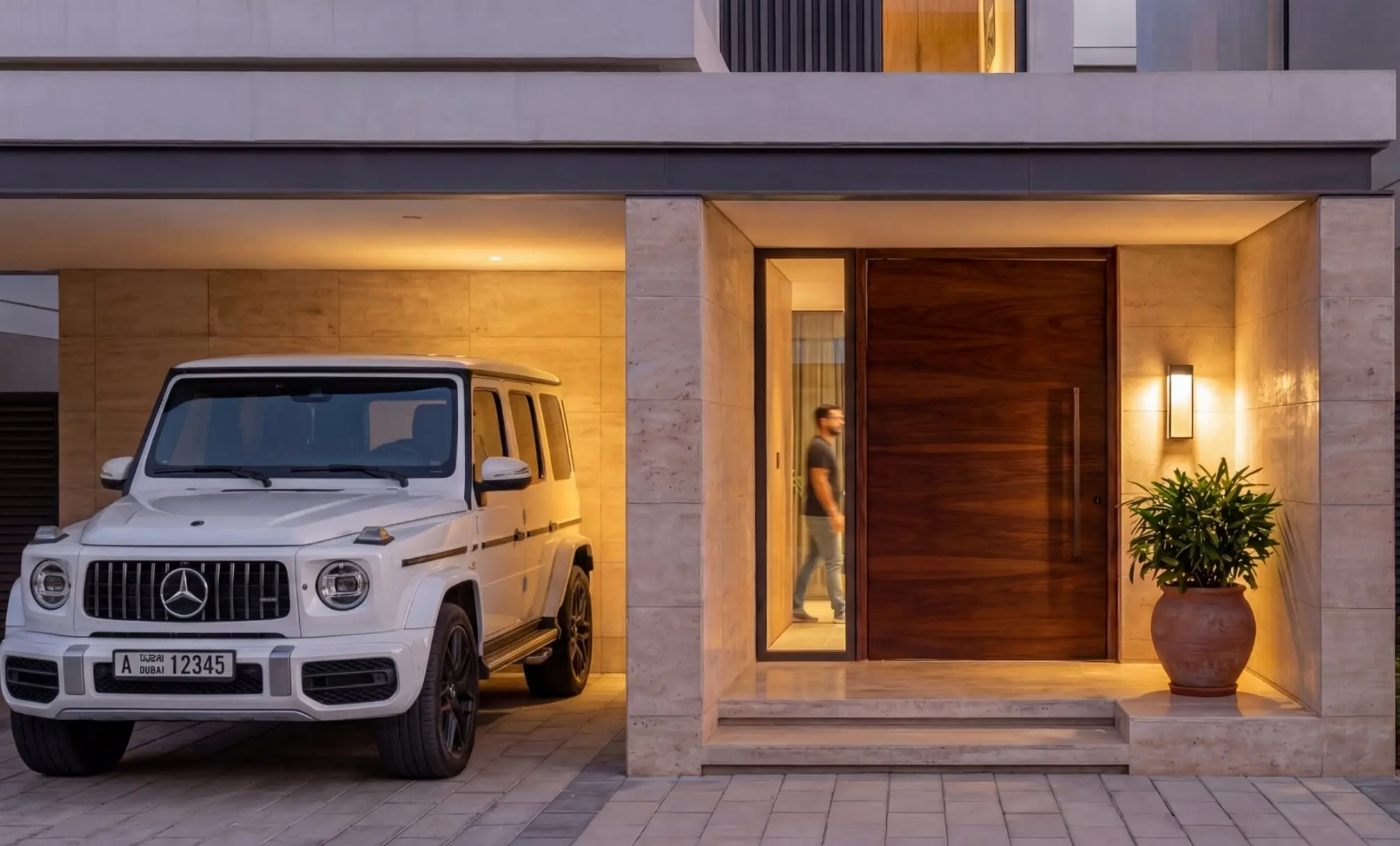 Render of a villa entrance at dusk: a timber front door in a stone-clad porch, beside an SUV in the covered parking bay