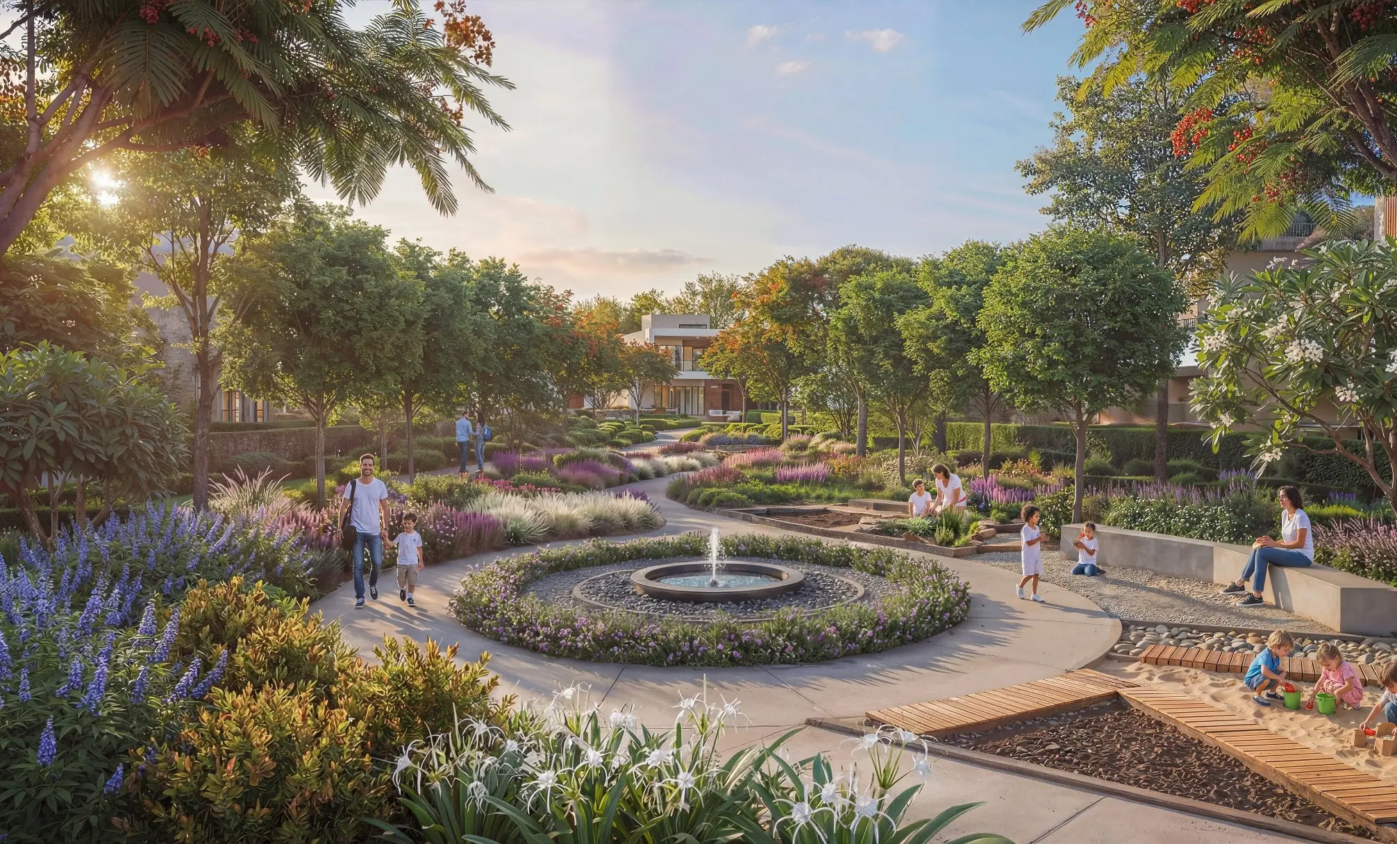 Render of a garden with a round fountain, flower beds and a children's sandpit, with villas behind the trees