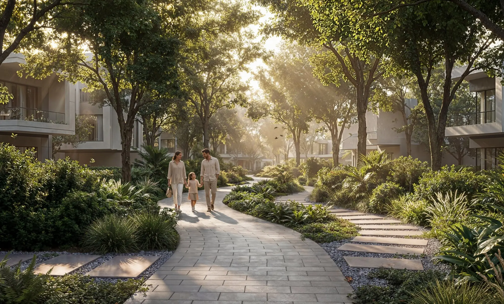 Render of a paved path winding through trees and planting between villas, with a family walking along it