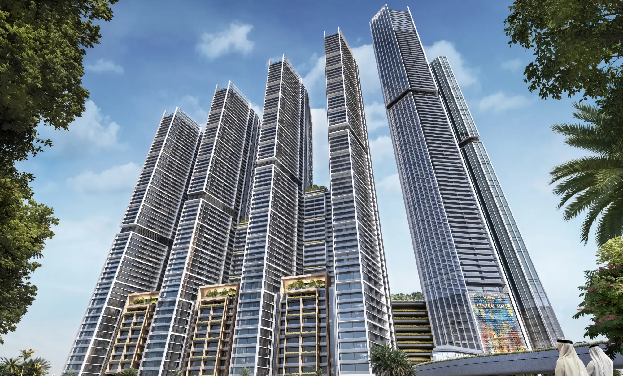 Render of the Sobha Central towers from street level, with the Sobha Realty Central Mall sign at the foot of the tallest