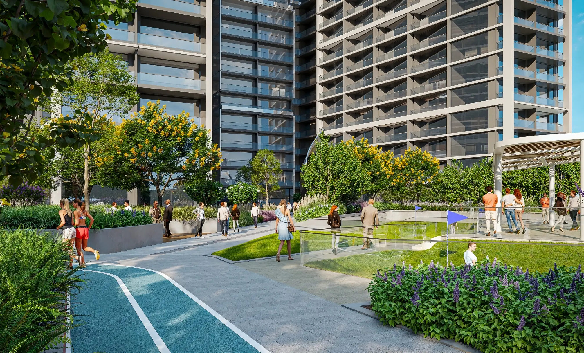 Render of a blue jogging track beside a putting green with a flag, at the foot of the towers