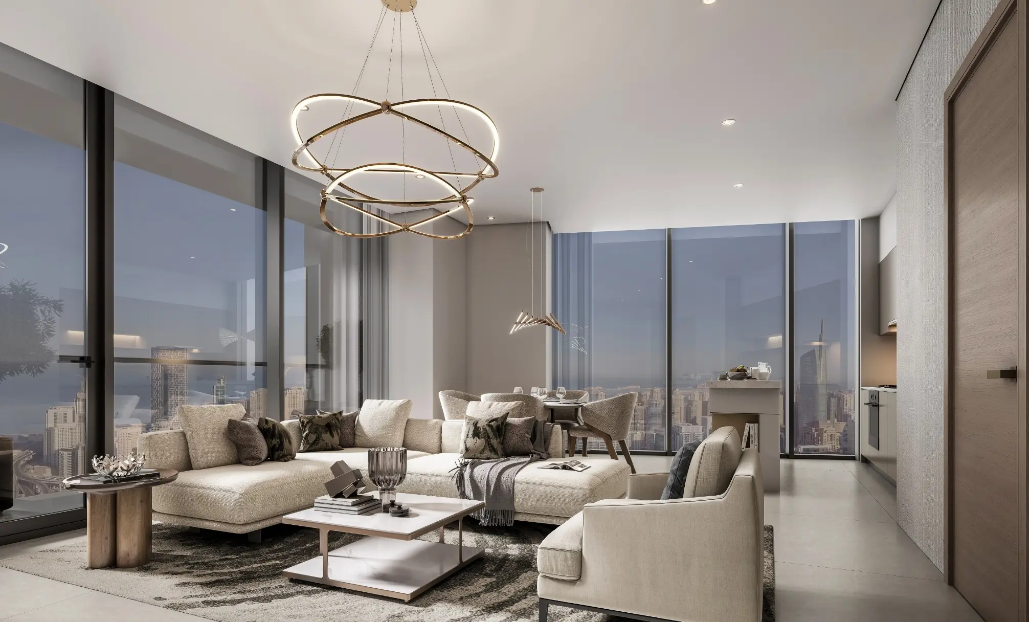 Render of a corner living room with glass on two sides, a sectional sofa and a ring chandelier, with city towers at dusk outside