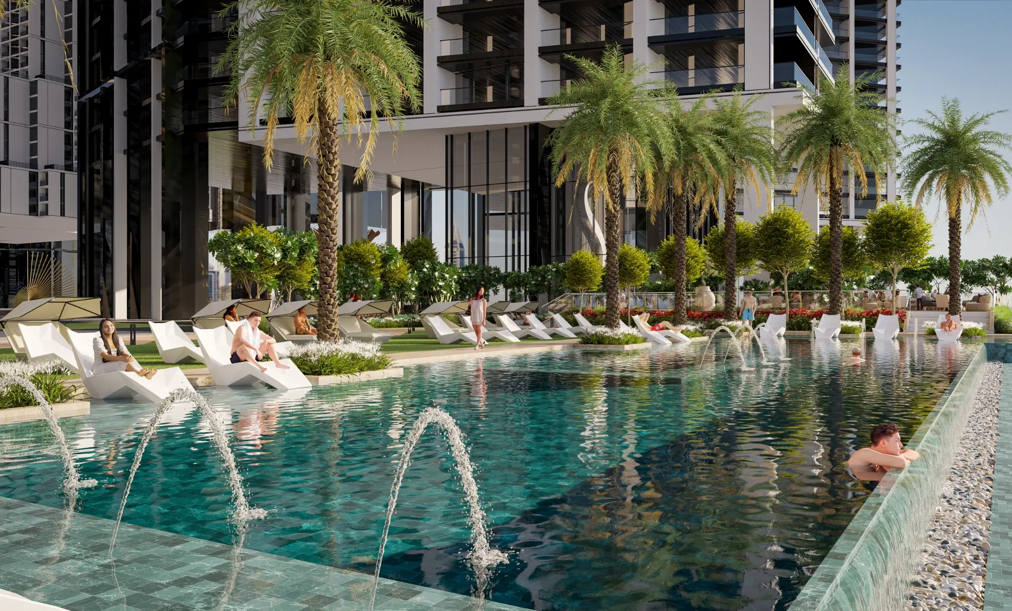 Render of the podium leisure pool, with arcing fountain jets, in-water sun loungers and palms below the towers