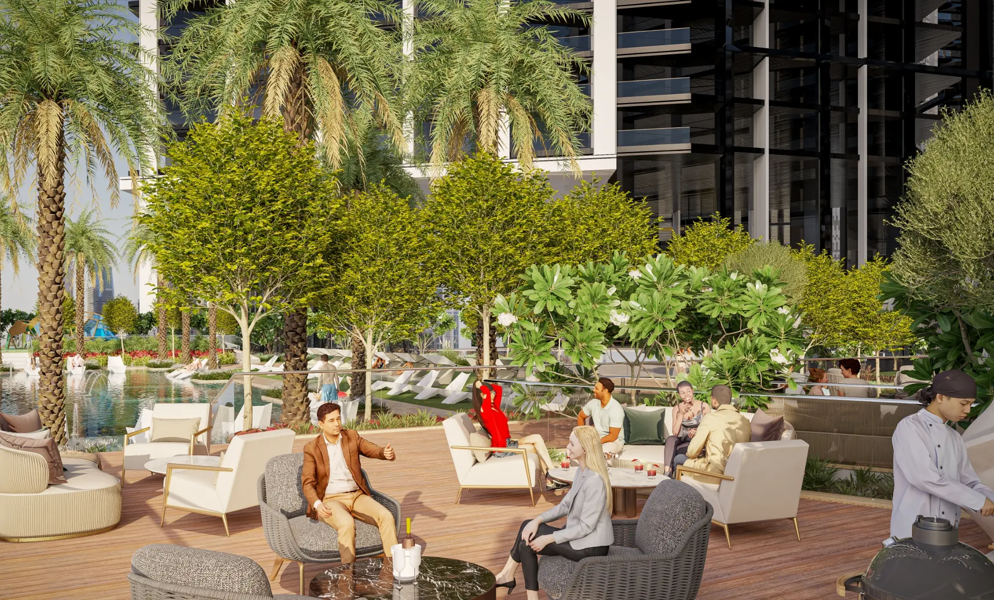 Render of a barbecue deck with lounge chairs under trees, a chef at a grill and the pool behind