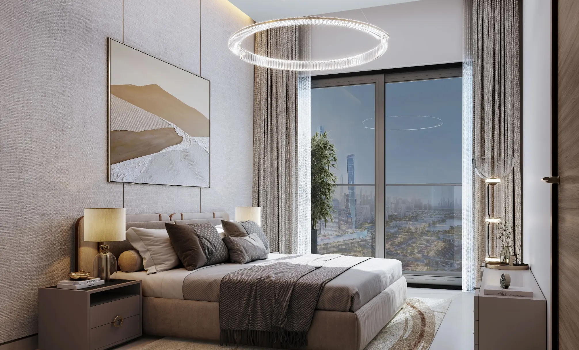 Render of a bedroom with a ring pendant light and a full-height window over low-rise villas and distant towers