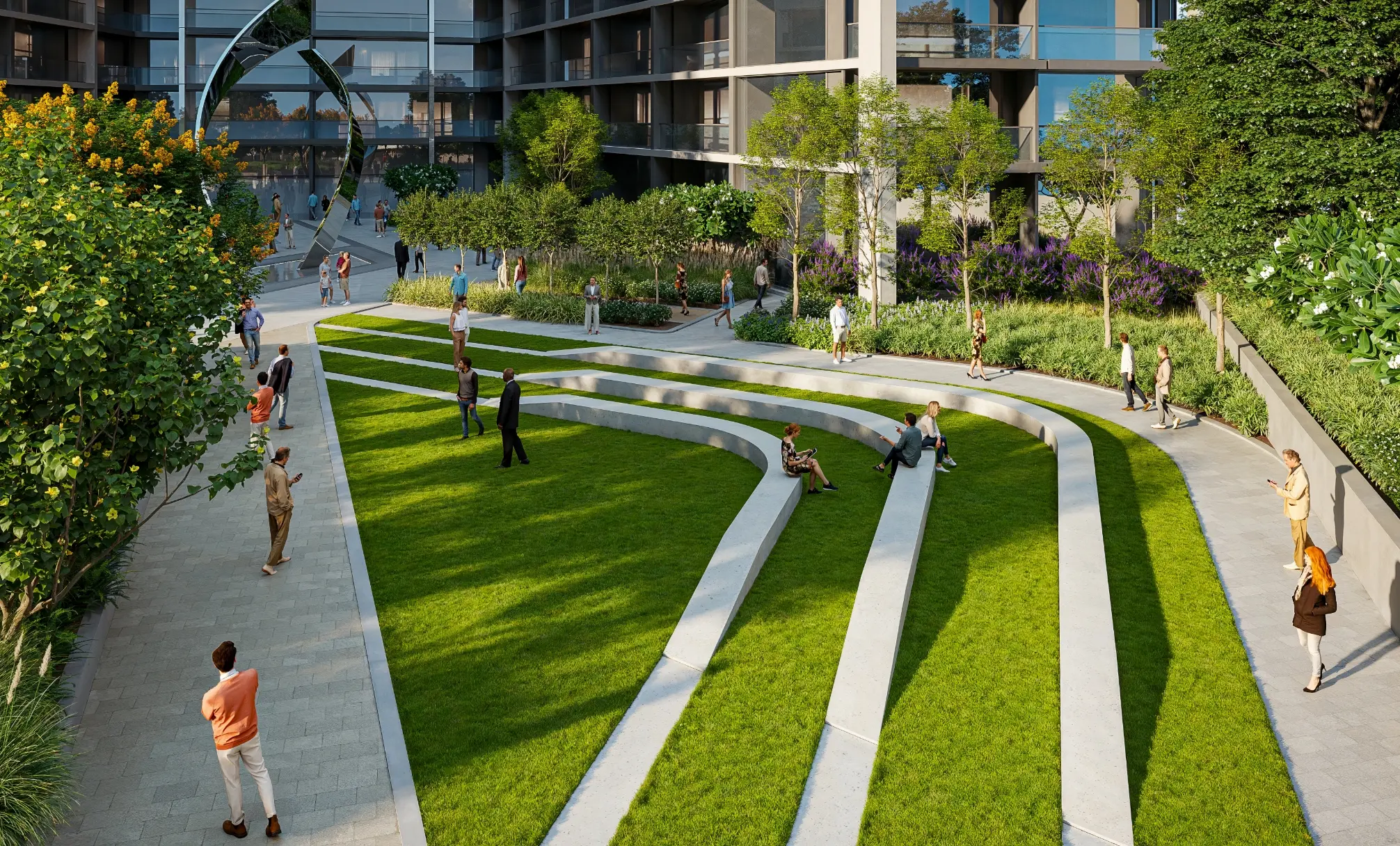 Render of the amphitheatre lawn, with curved grass terraces, stone benches and a steel sculpture behind