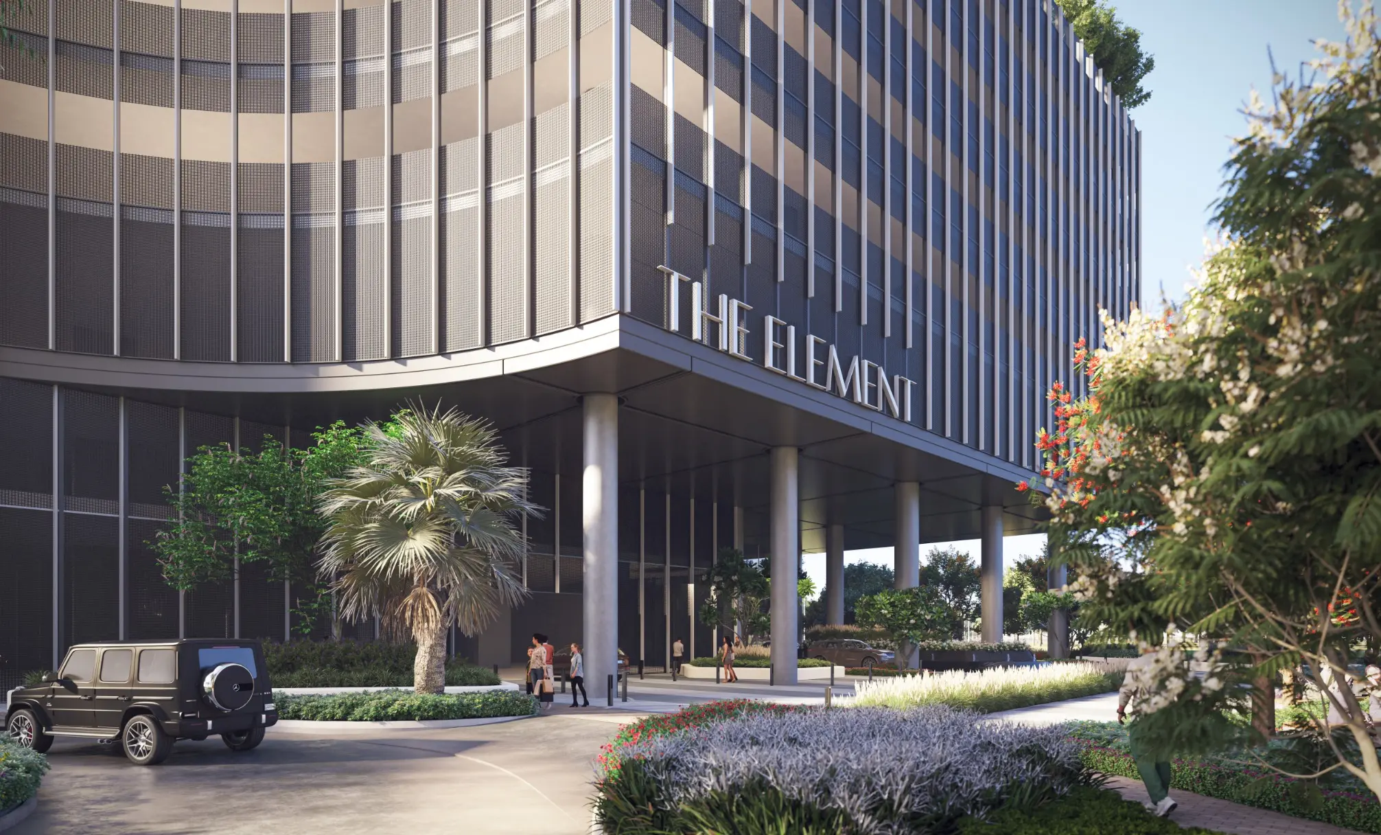 Render of The Element's entrance: the tower's name above a pillared drop-off with palms and planting
