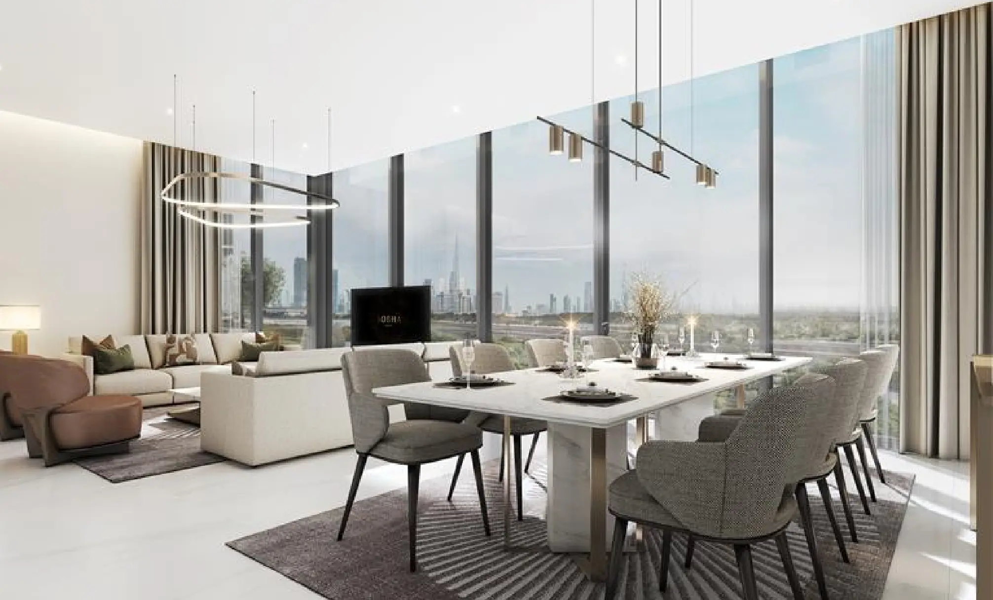 Render of an open living and dining room with a table for eight and corner glazing facing the Downtown skyline