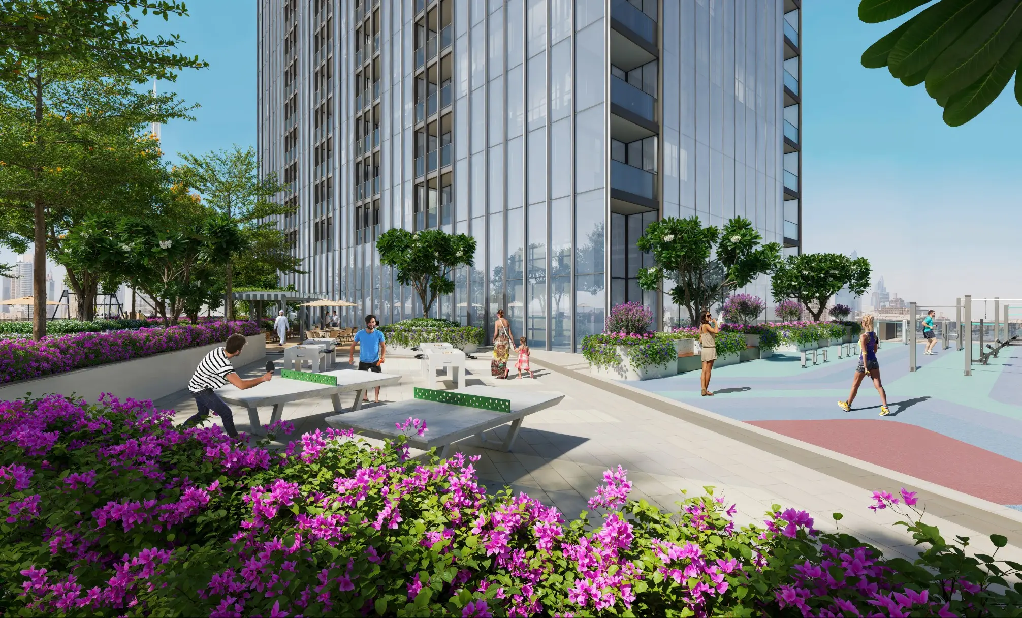 Render of the podium deck at the foot of the tower, with table tennis tables, flower beds and a coloured running track