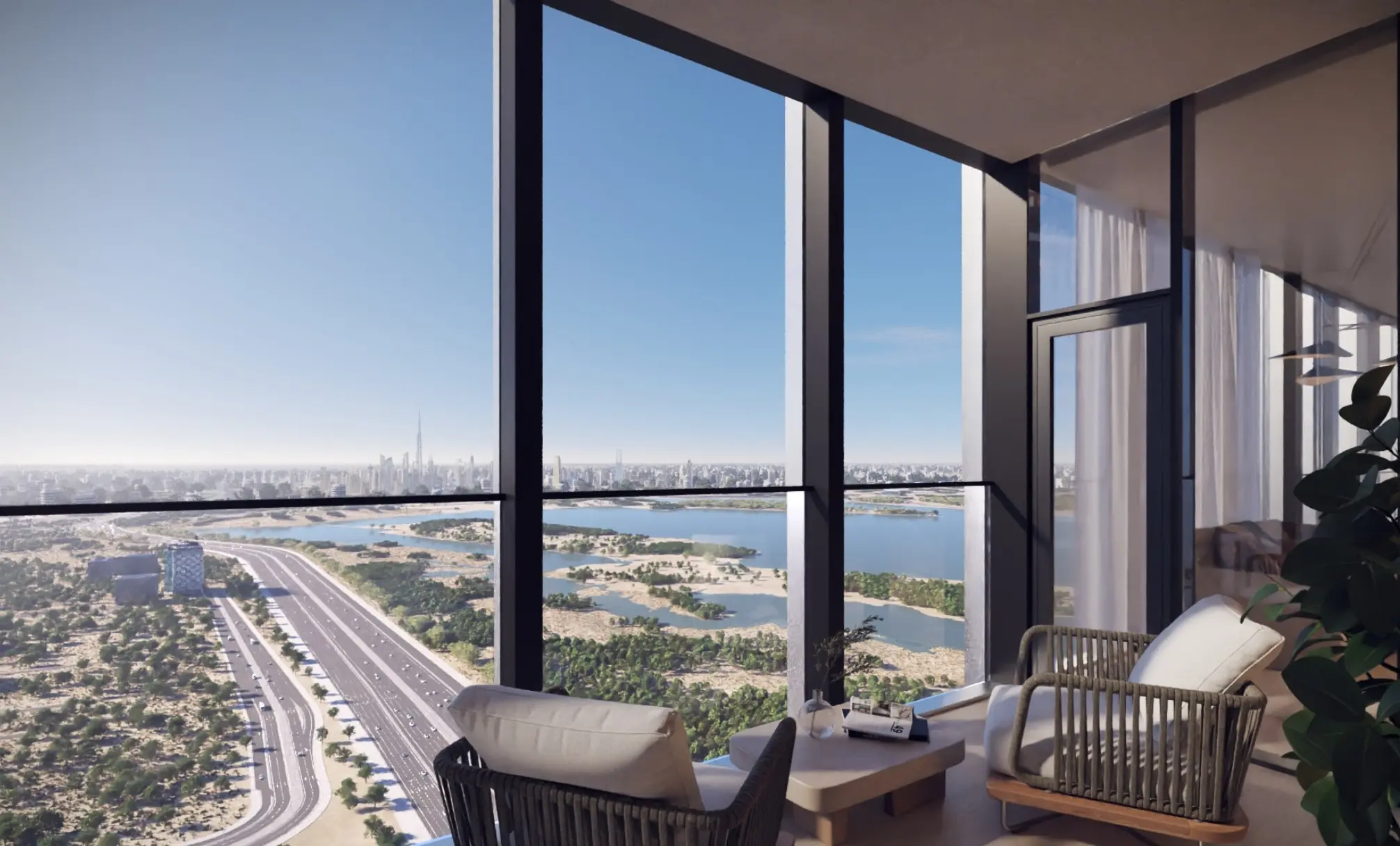 Render of a lounge with floor-to-ceiling glass over Ras Al Khor Road and the wetland, Burj Khalifa on the skyline