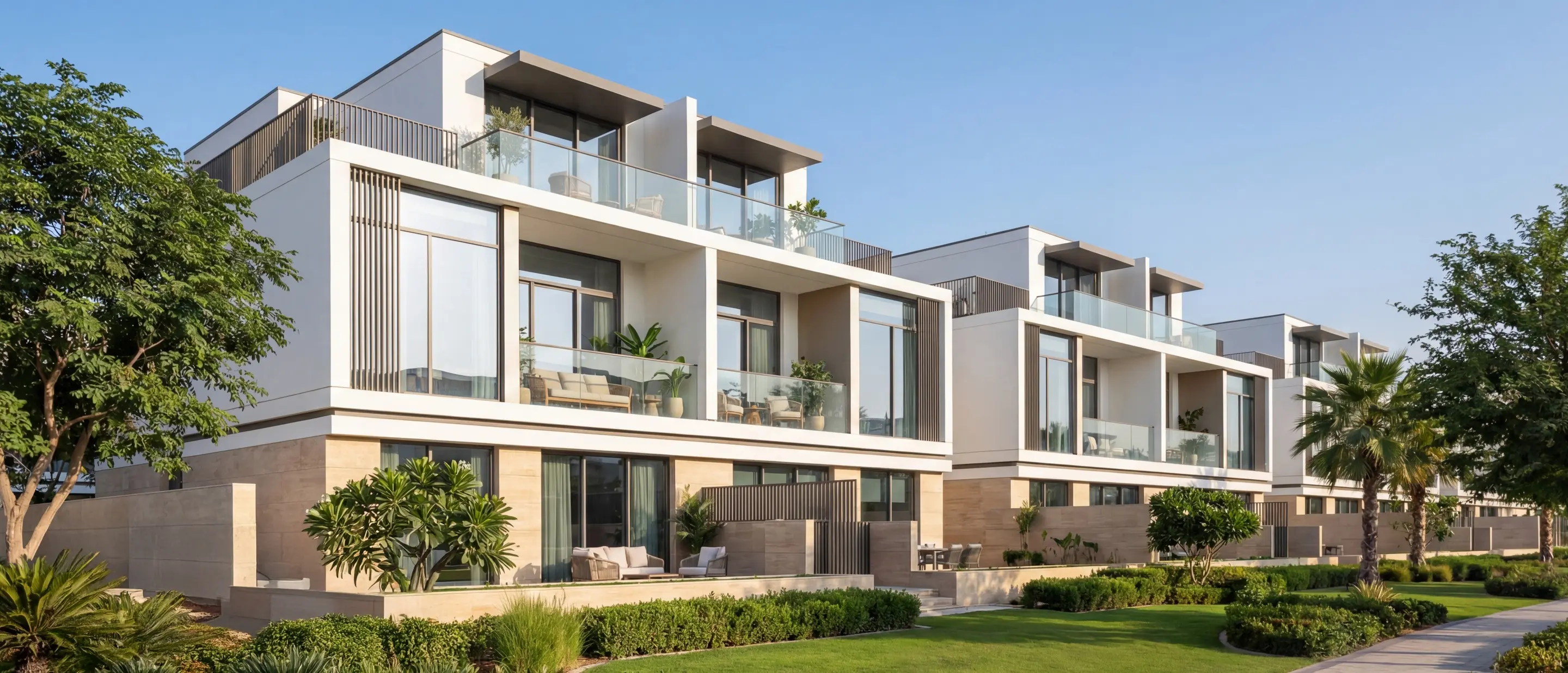 Render of three-storey villas with glass-railed terraces above stone-clad ground floors, set behind a lawn and a footpath