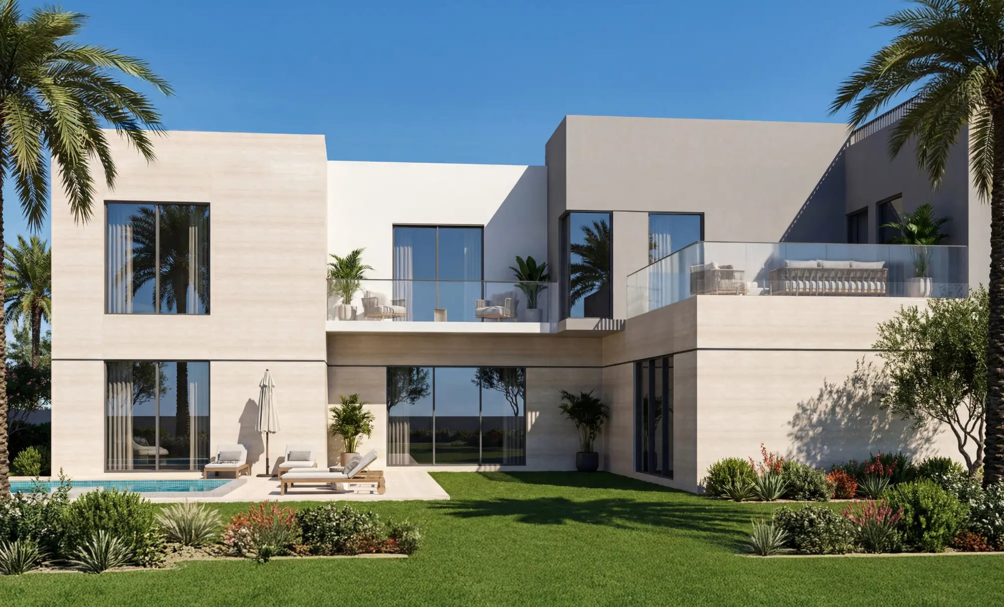 Render of the garden side of a detached villa: a pool and loungers beside the lawn, glass-railed terraces on the upper floor