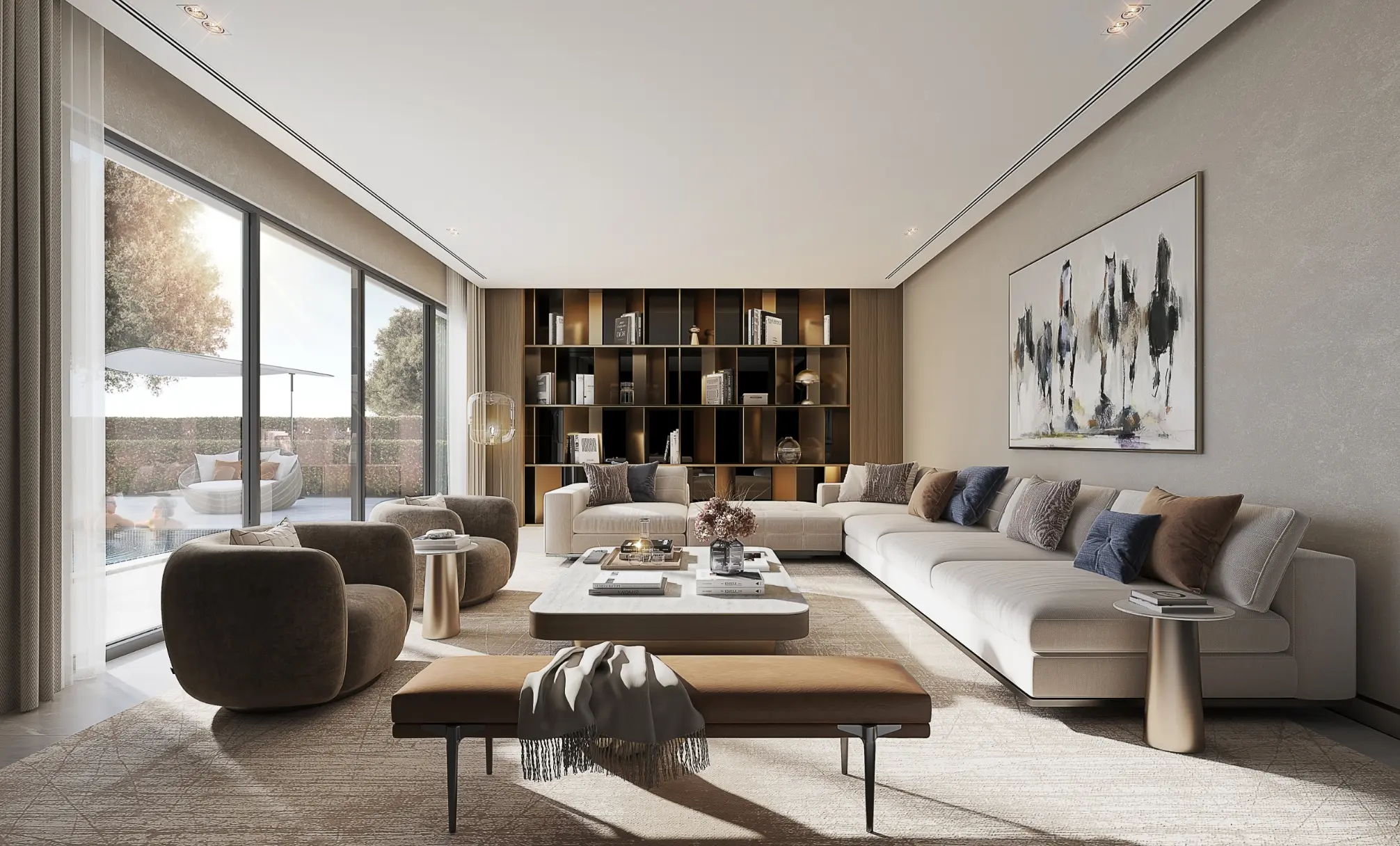 Render of a villa living room with an L-shaped sofa, a lit bookcase and floor-to-ceiling glass onto the garden