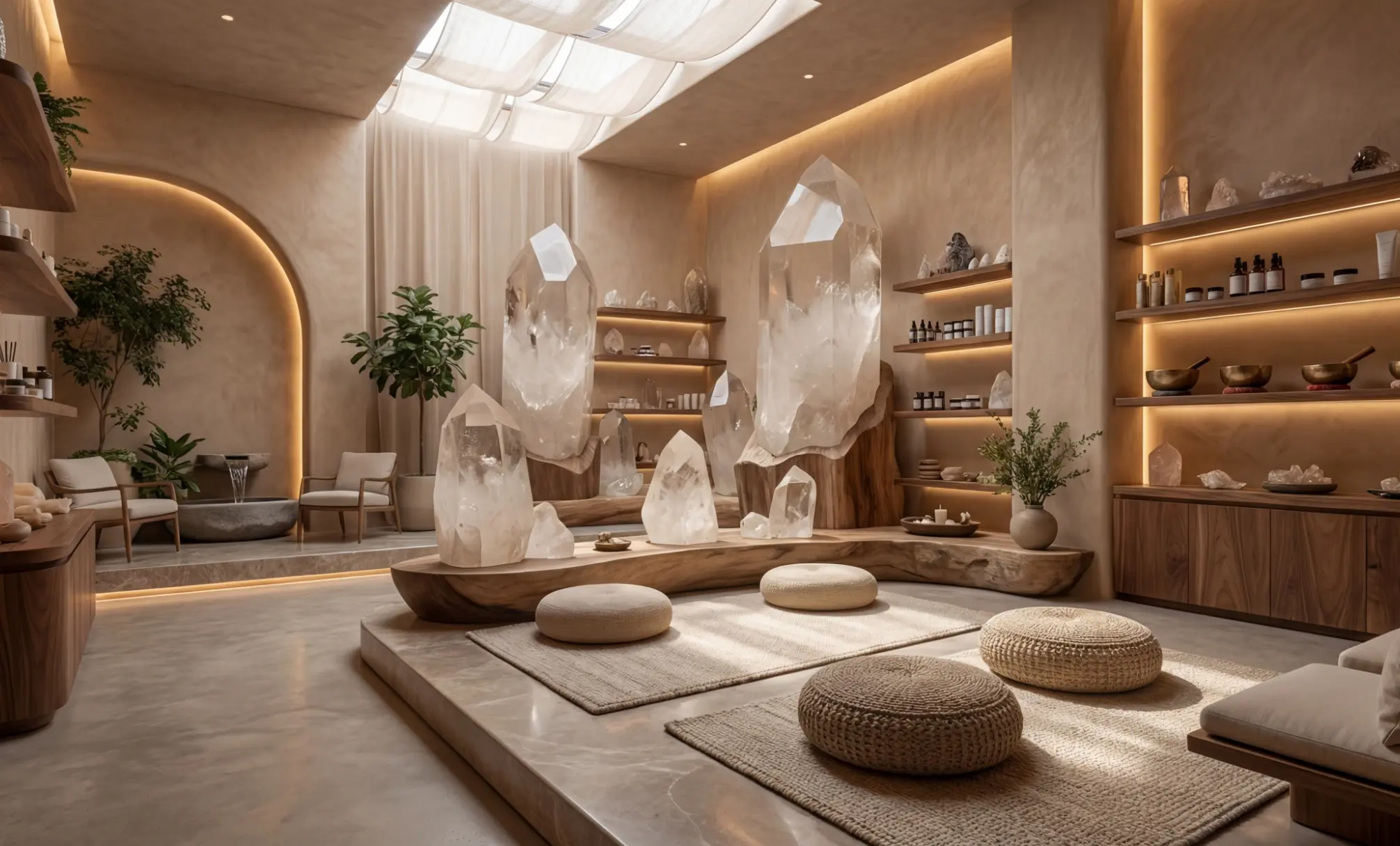 Render of a spa lounge with large quartz crystals, floor cushions and lit shelves under a skylight