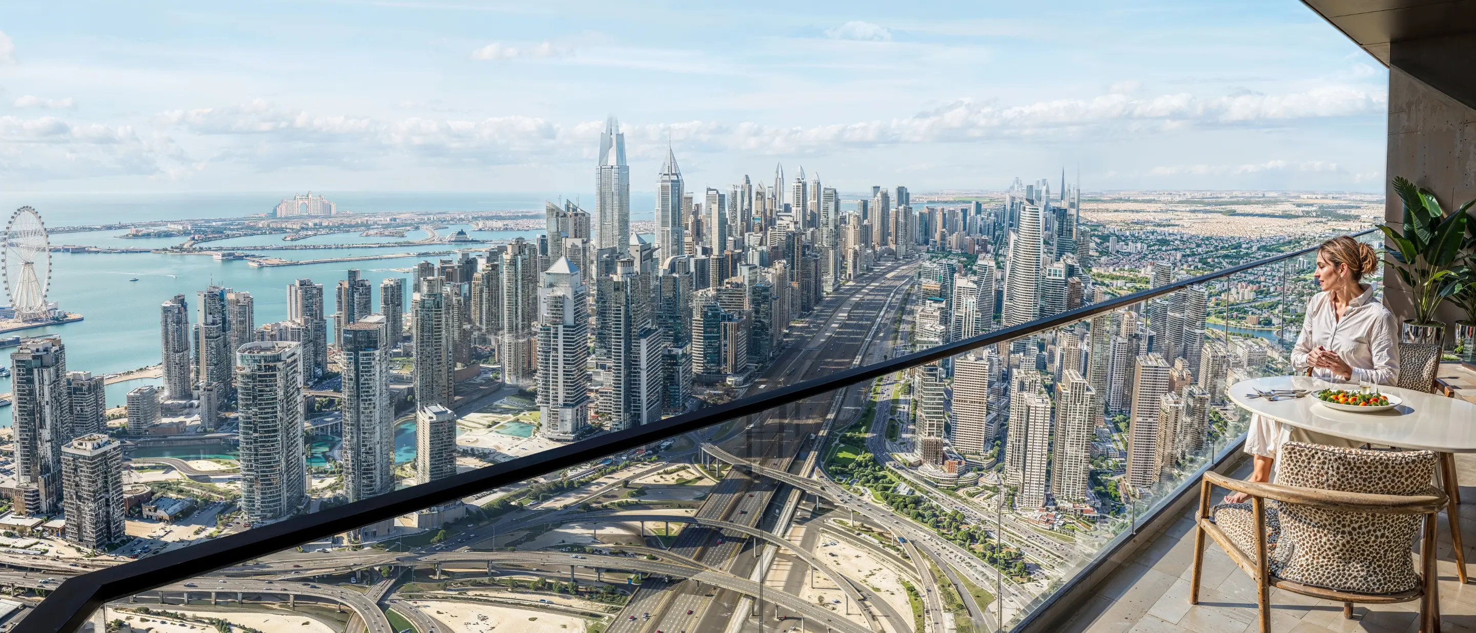 Render of a woman at a table on a glass-fronted balcony high above the Sheikh Zayed Road interchange, with Dubai Marina and the Palm beyond