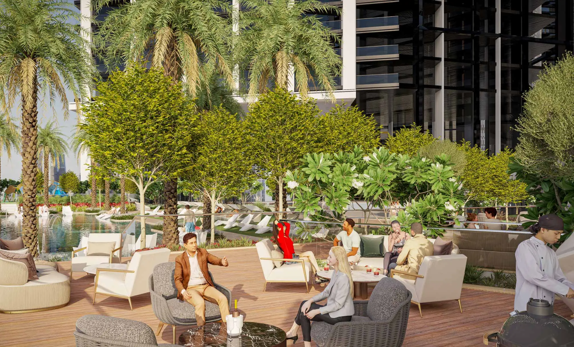 Render of a barbecue deck with lounge chairs under trees, a chef at a grill and the pool behind