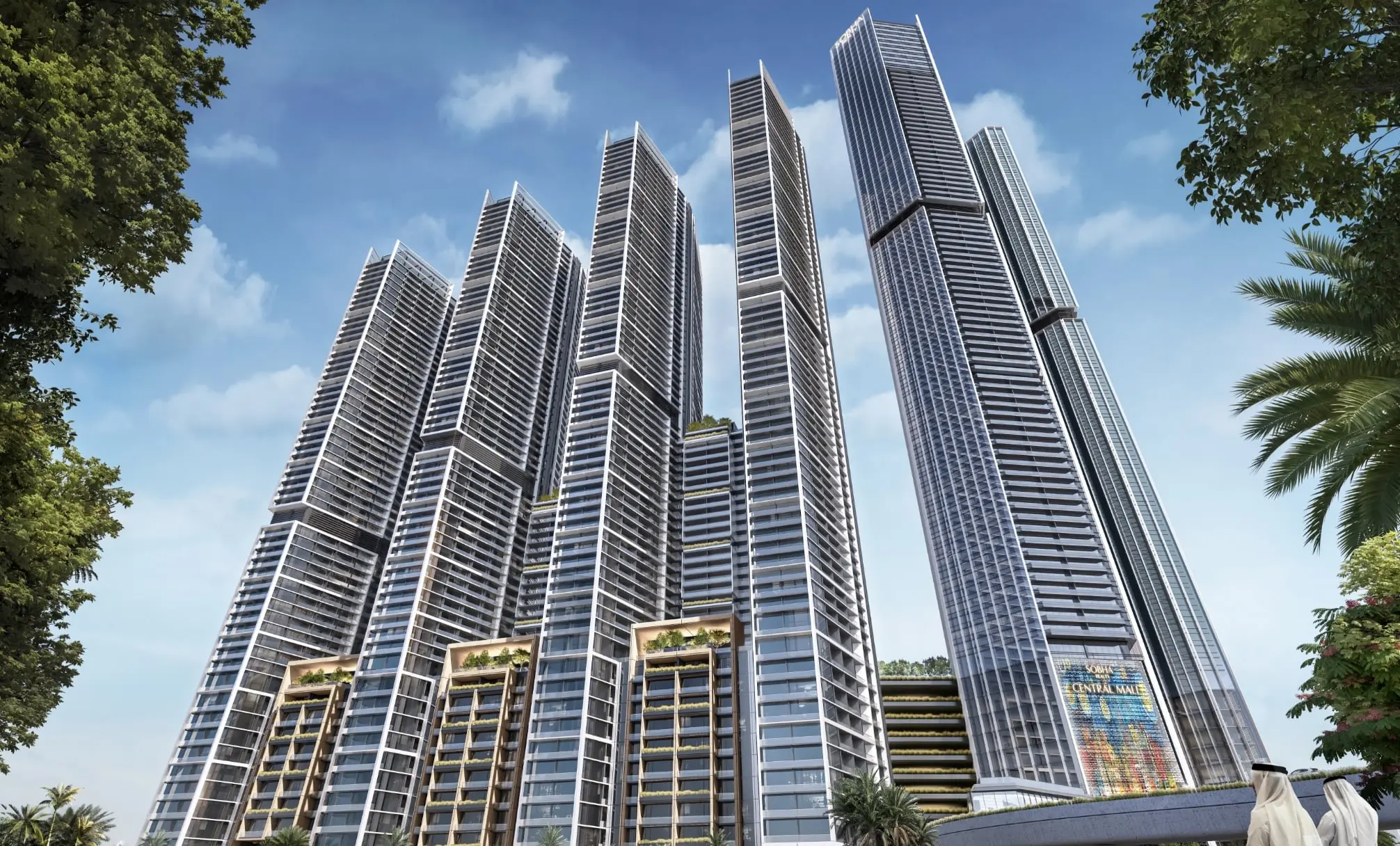 Render of the Sobha Central towers from street level, with the Sobha Realty Central Mall sign at the foot of the tallest