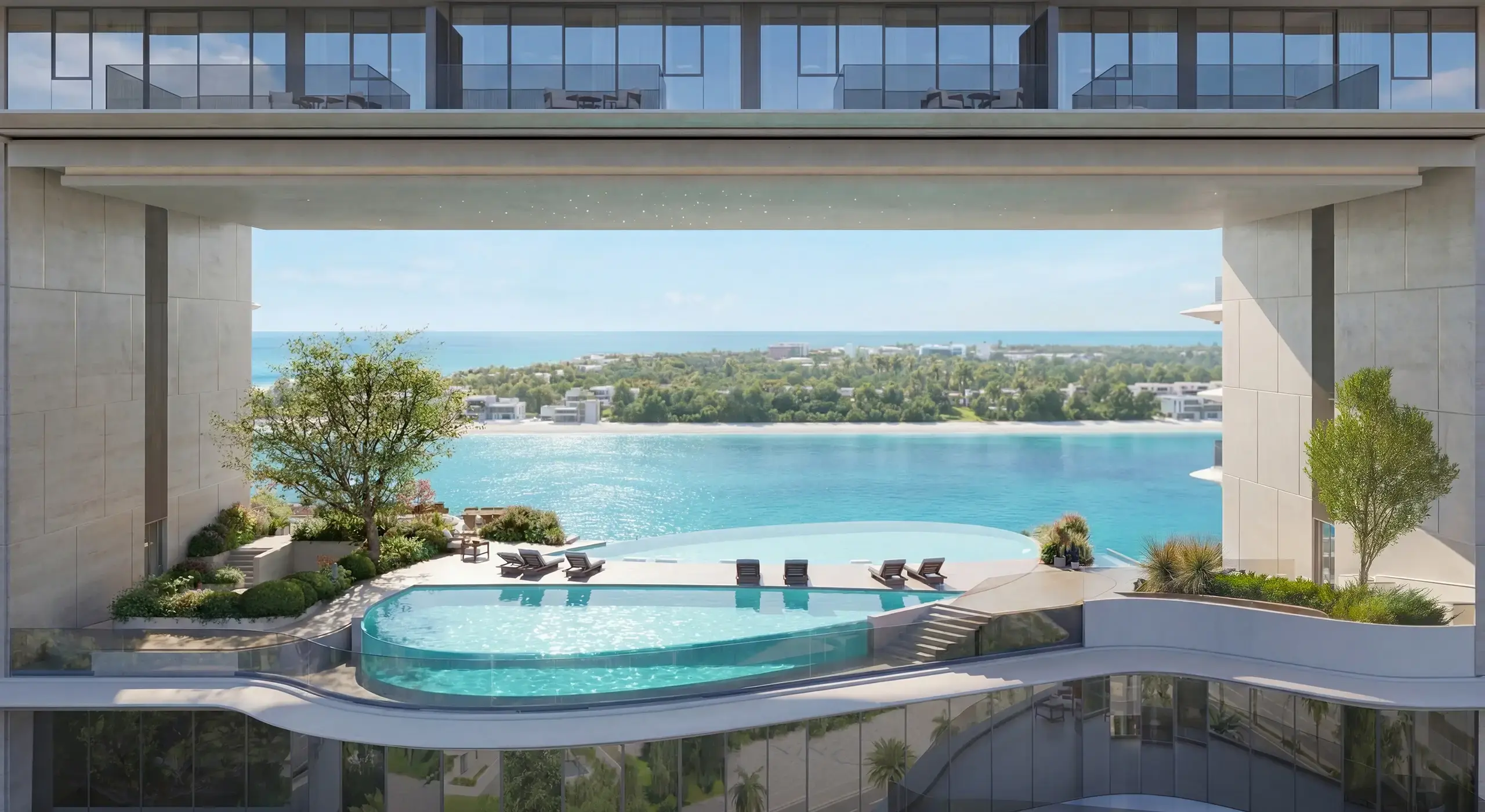 Render of a glass-sided pool on a planted terrace, framed beneath the building, with the sea and a wooded shore beyond