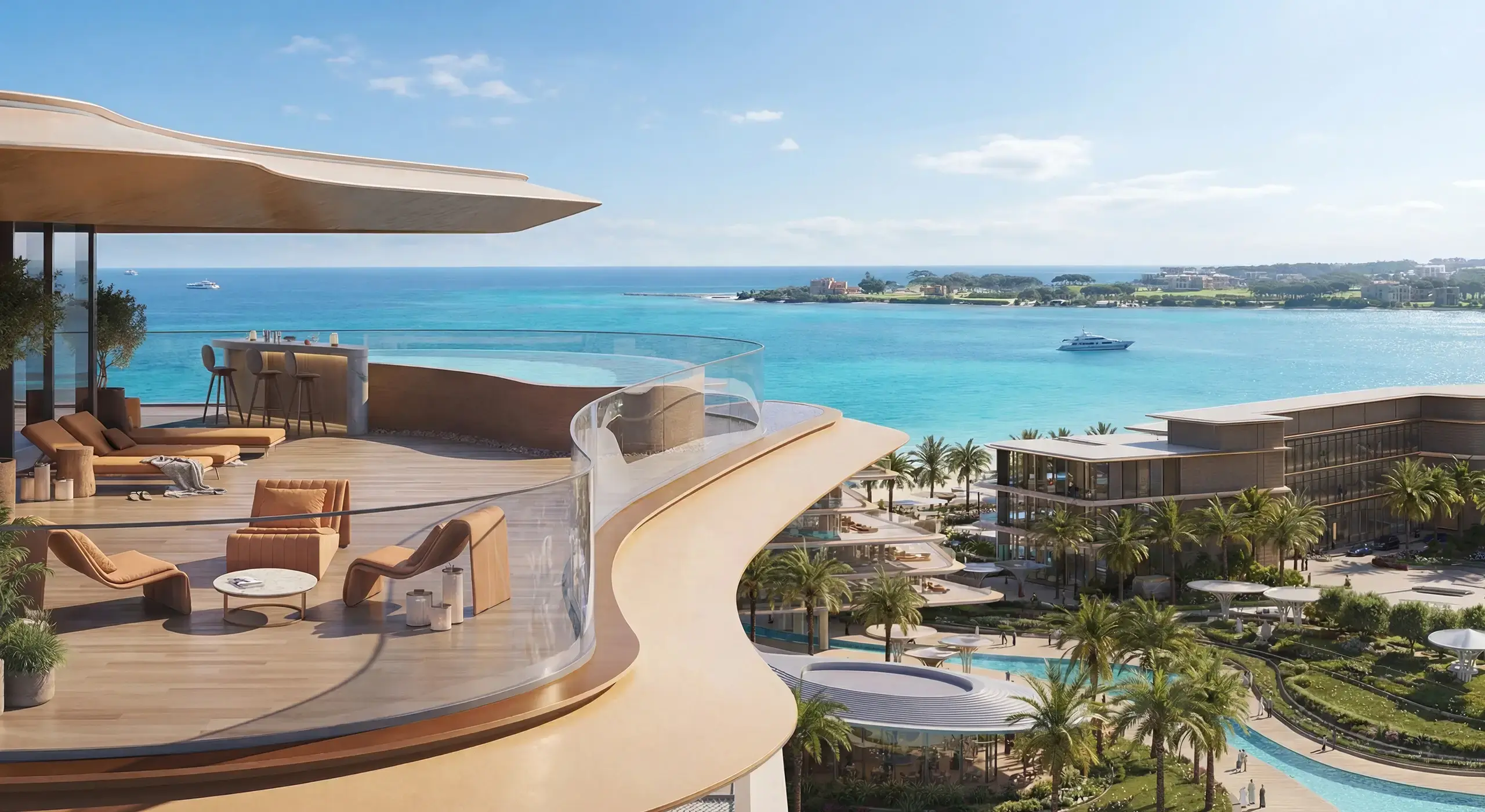 Render of a curved terrace with loungers and a glass balustrade above the sea, with gardens, pools and a low building below
