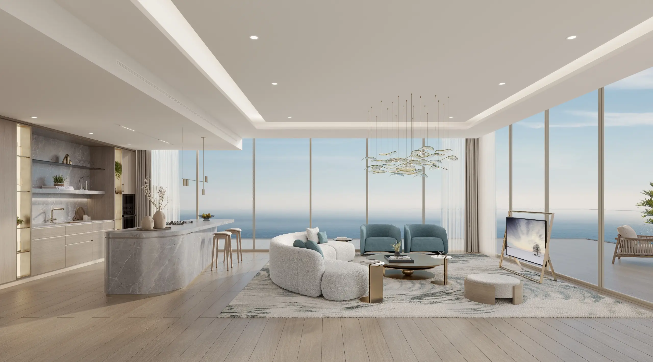 Render of an open-plan living room with a marble kitchen island, a curved sofa and floor-to-ceiling glass facing the sea