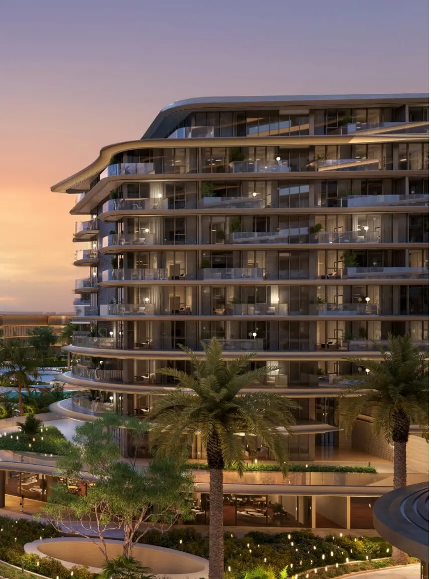 Render of a building of layered curved terraces at dusk, lit from within, above palms and garden paths