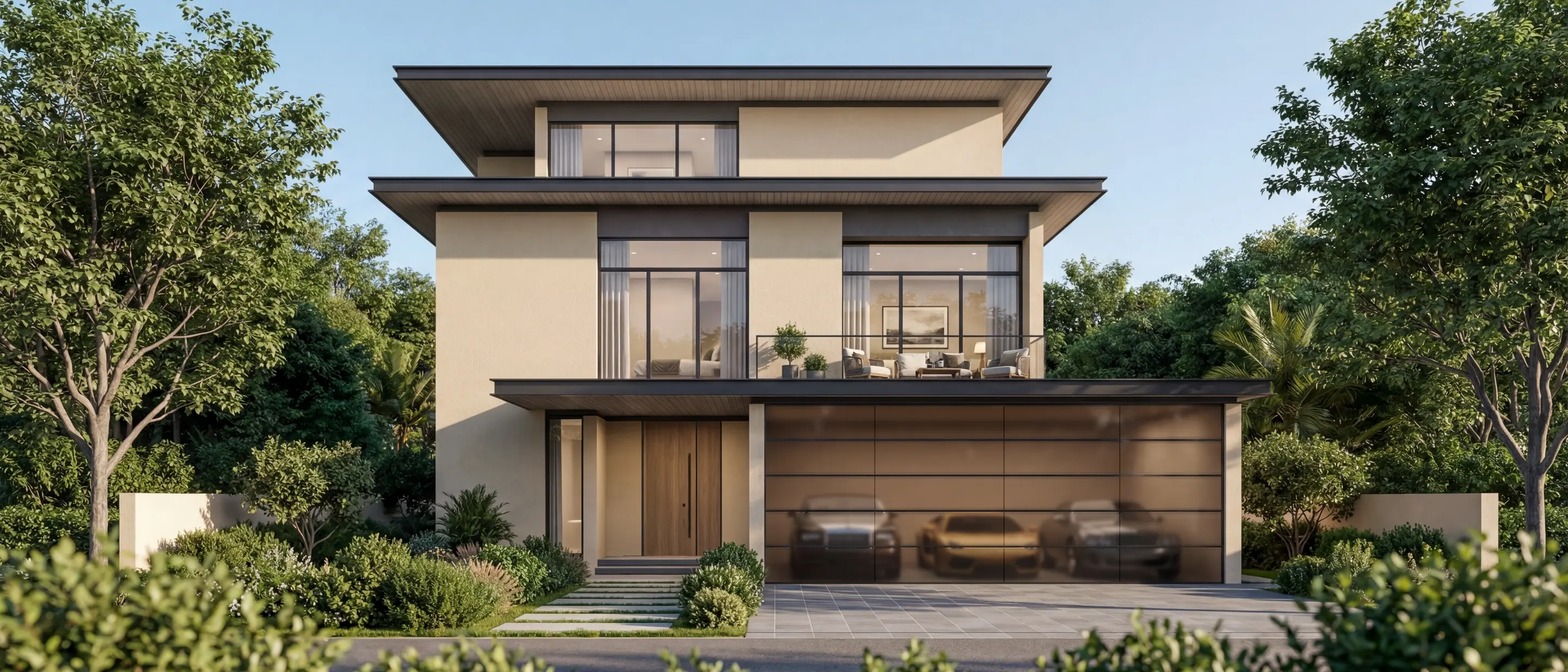 Render of a three-storey villa's street front, with a timber front door, an upstairs terrace and three cars behind a glass garage door