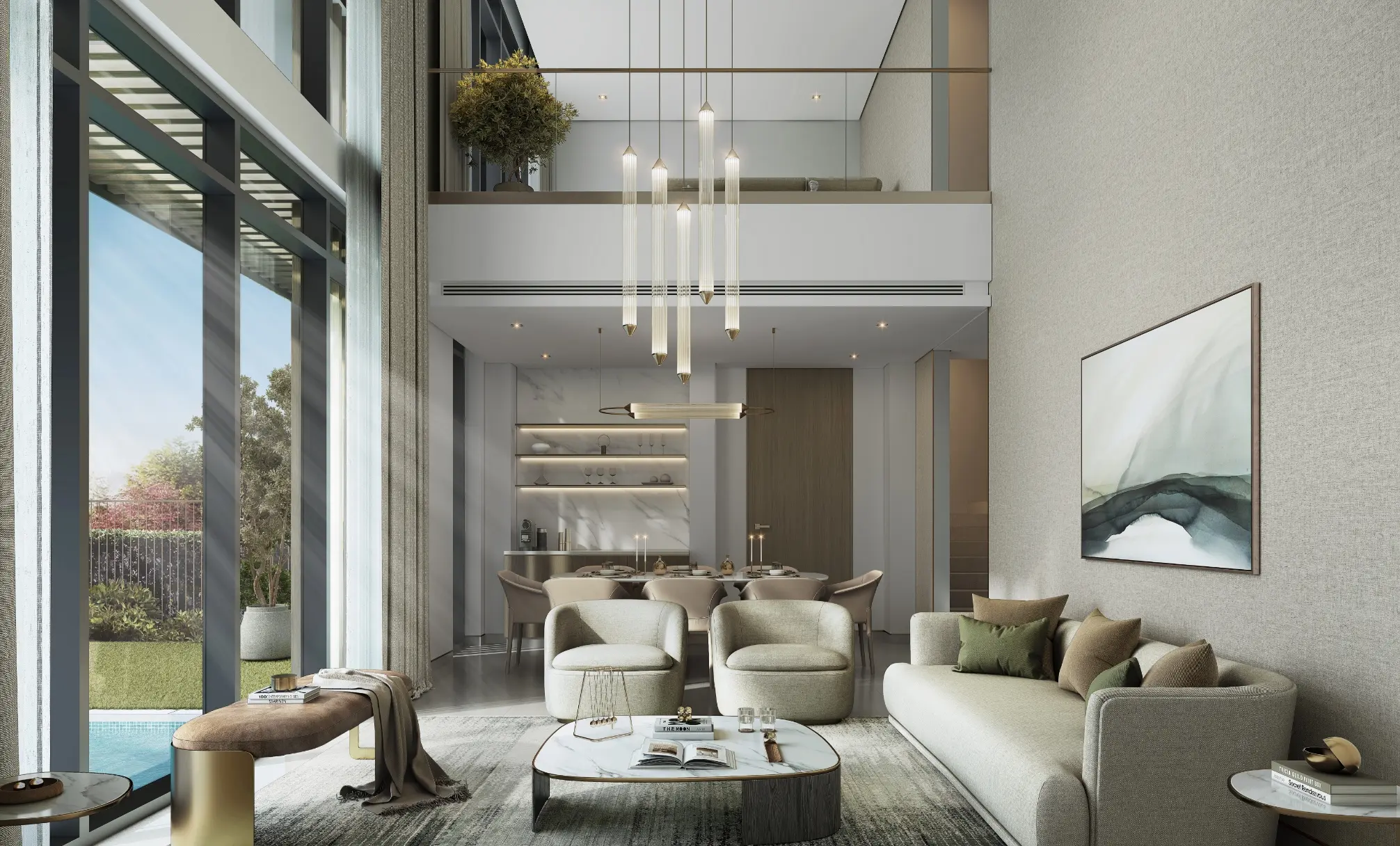 Render of a double-height living room with tall pendant lights, a gallery above and glass doors to the garden