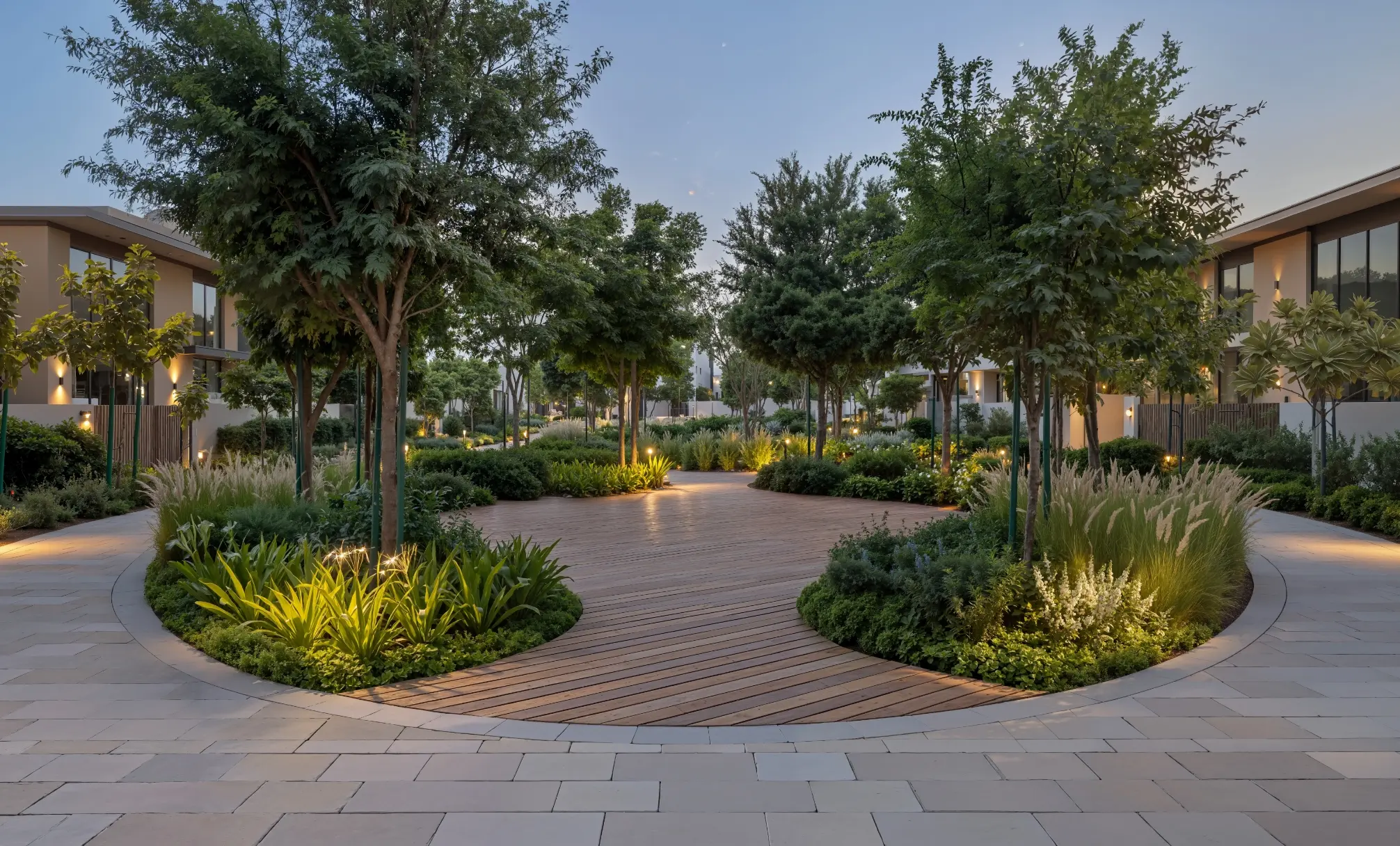 Render at dusk of a circular timber deck ringed by planting and trees between villas