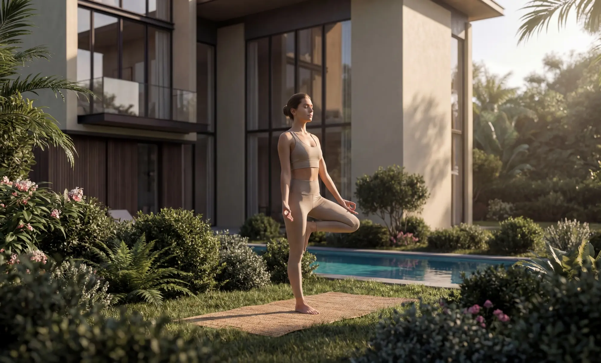 Render of a woman doing yoga on a mat on the lawn beside a villa's pool