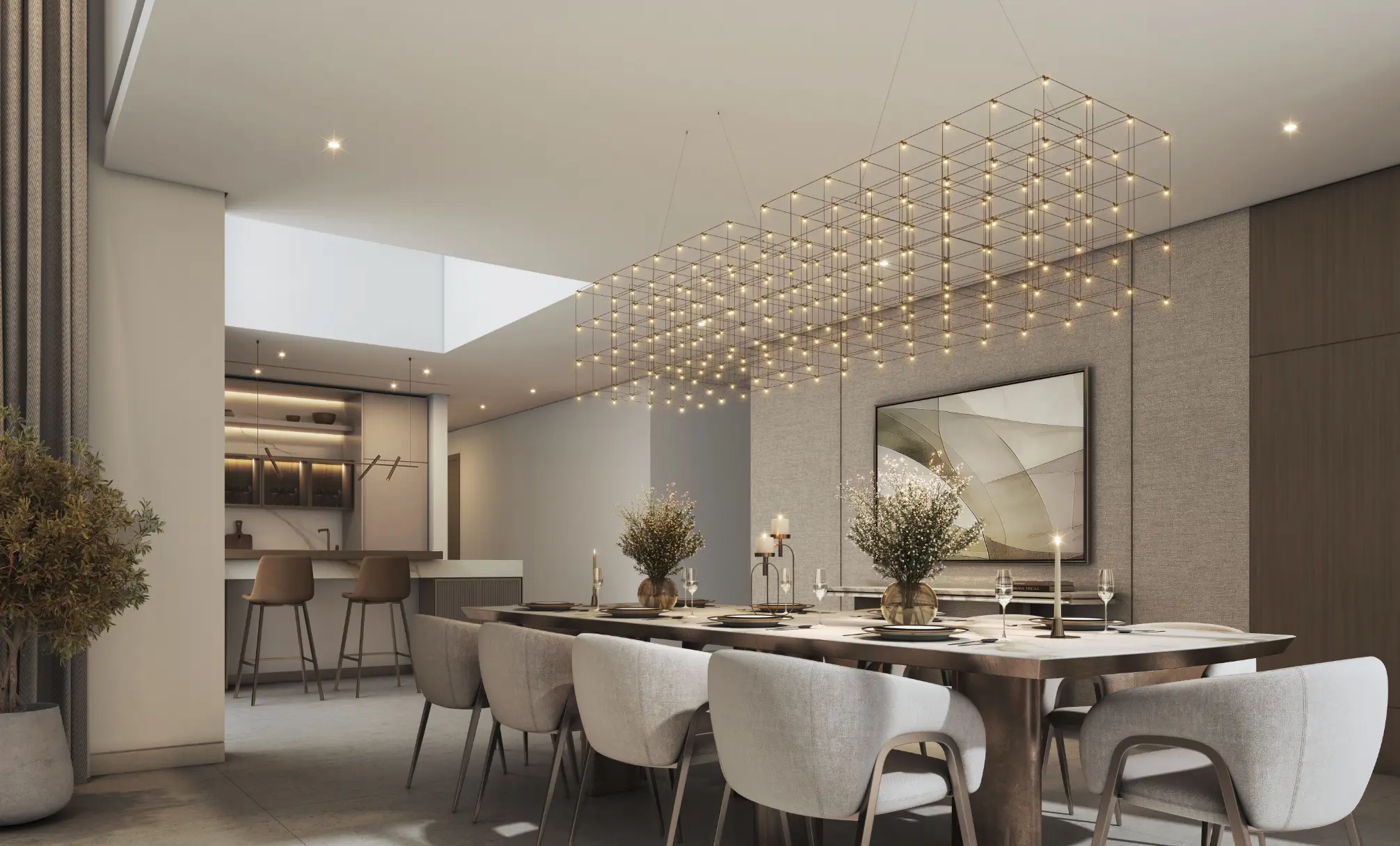 Render of a long dining table under a grid of pendant lights, with a kitchen bar and a skylight behind