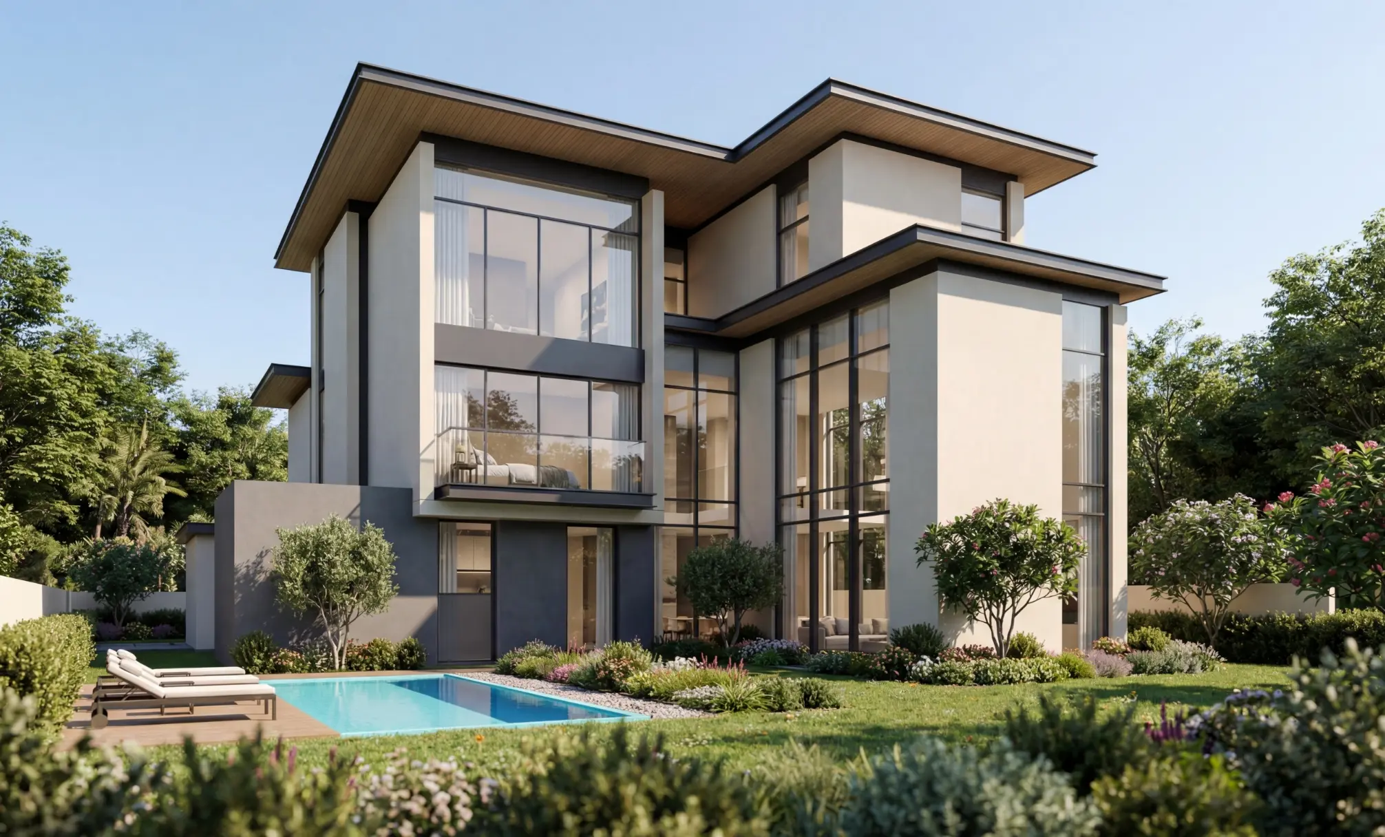 Render of a three-storey villa from its back garden, with a lap pool, sun loungers and full-height glazing