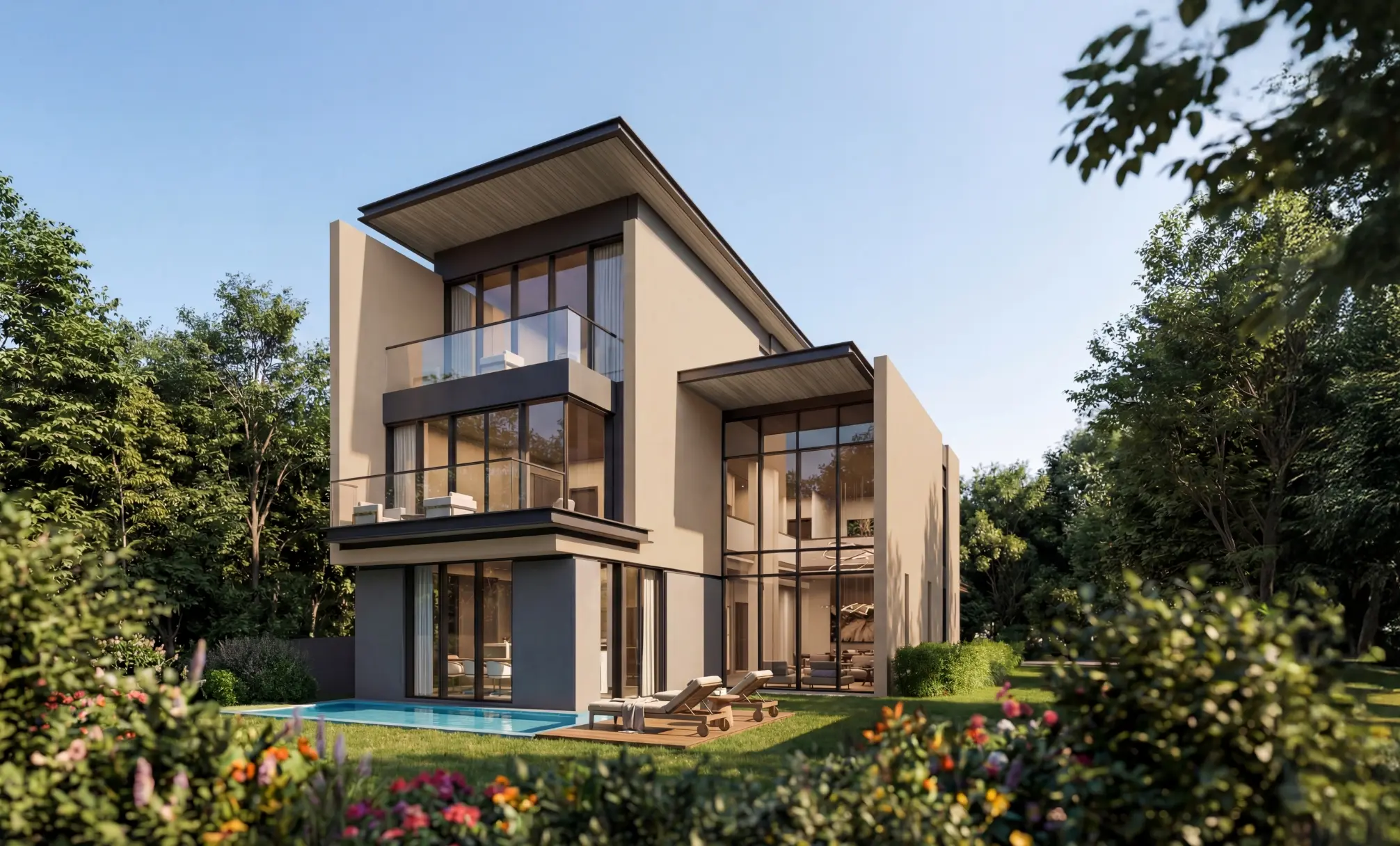 Render of a villa's back garden with a lap pool and a timber deck, the house glazed over two floors behind