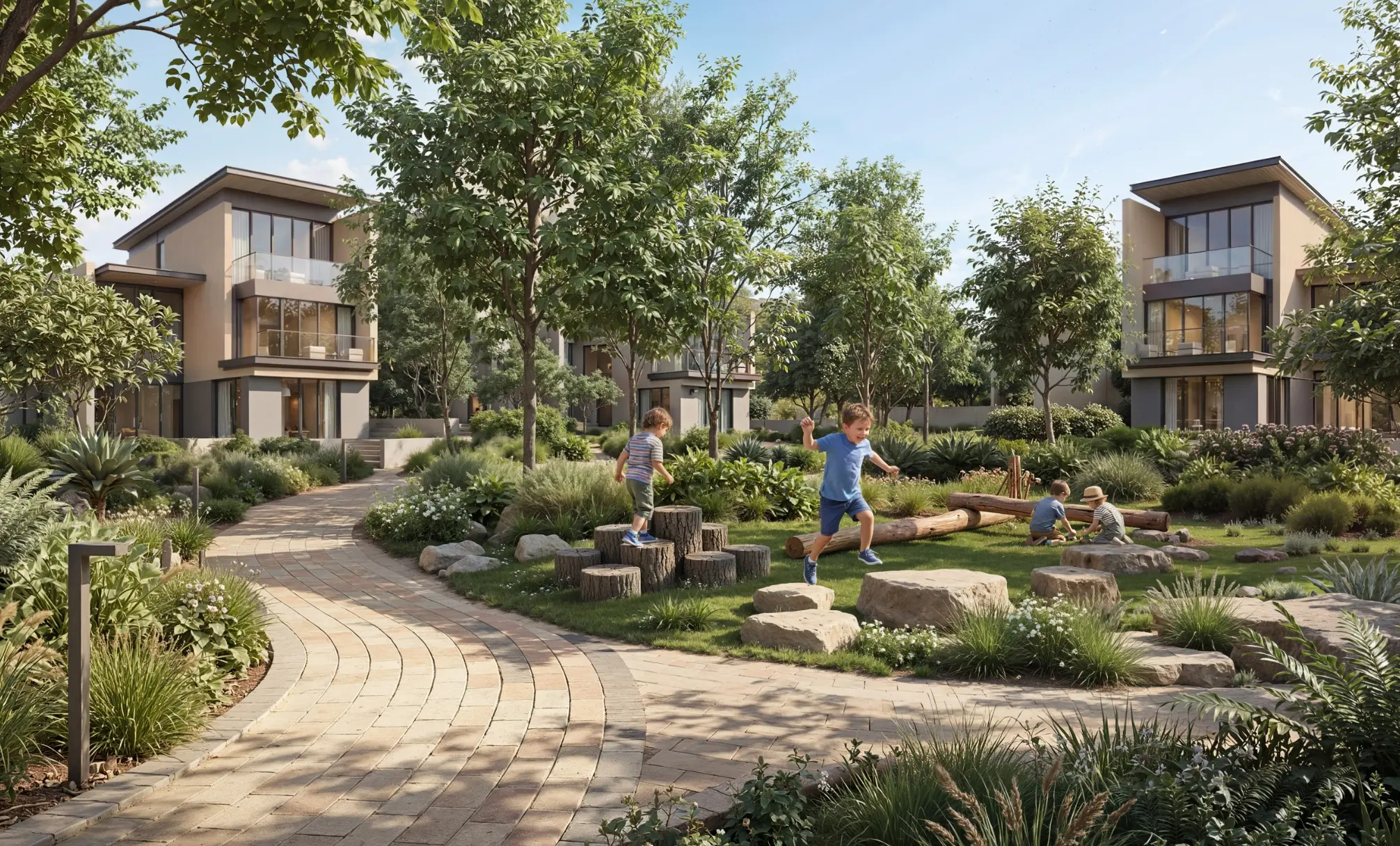 Render of children playing on log stepping stones beside a paved path through planted gardens, with villas behind
