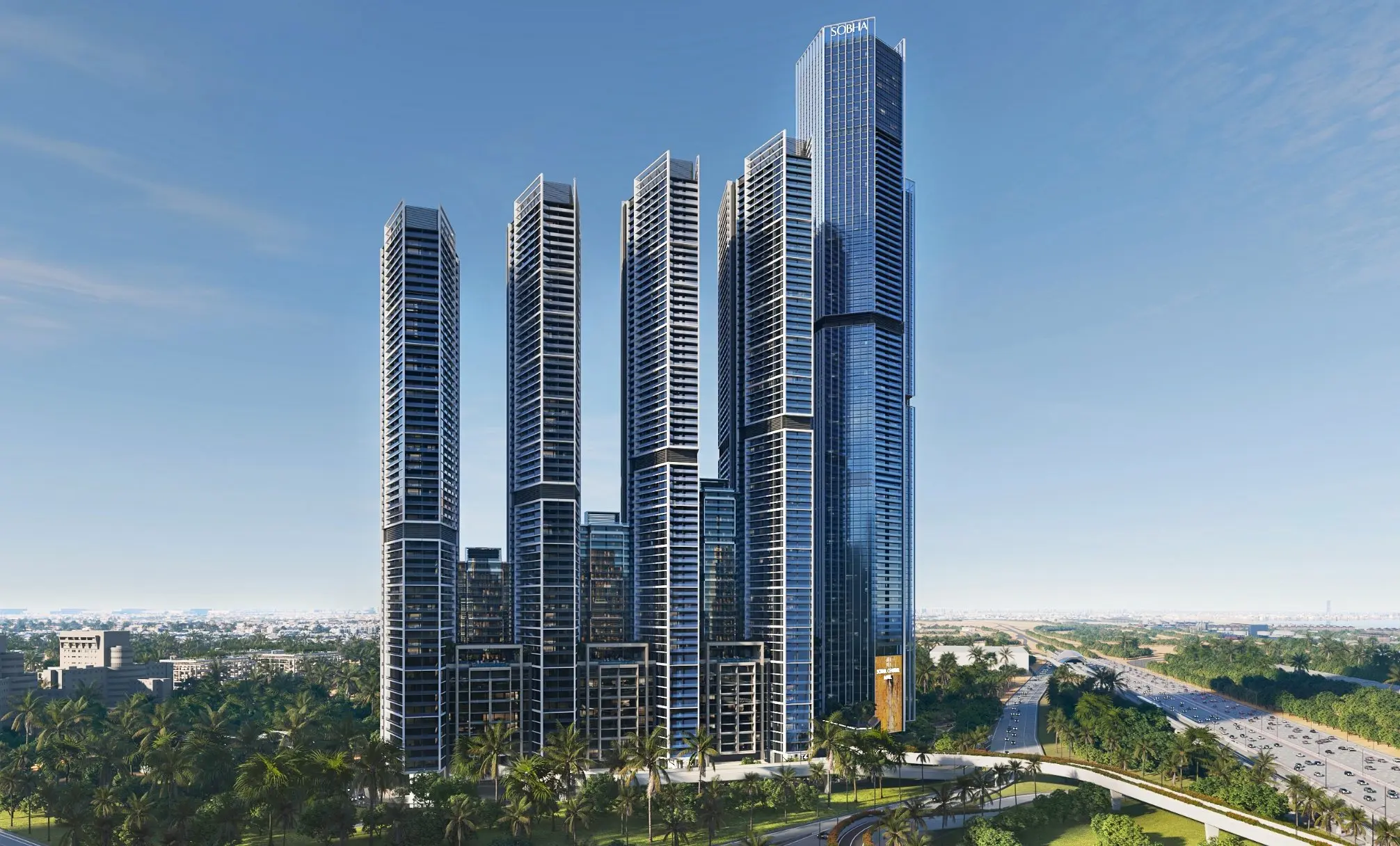 Render of the Sobha Central towers by day beside Sheikh Zayed Road, with the tallest glass tower at the right, topped by a Sobha sign