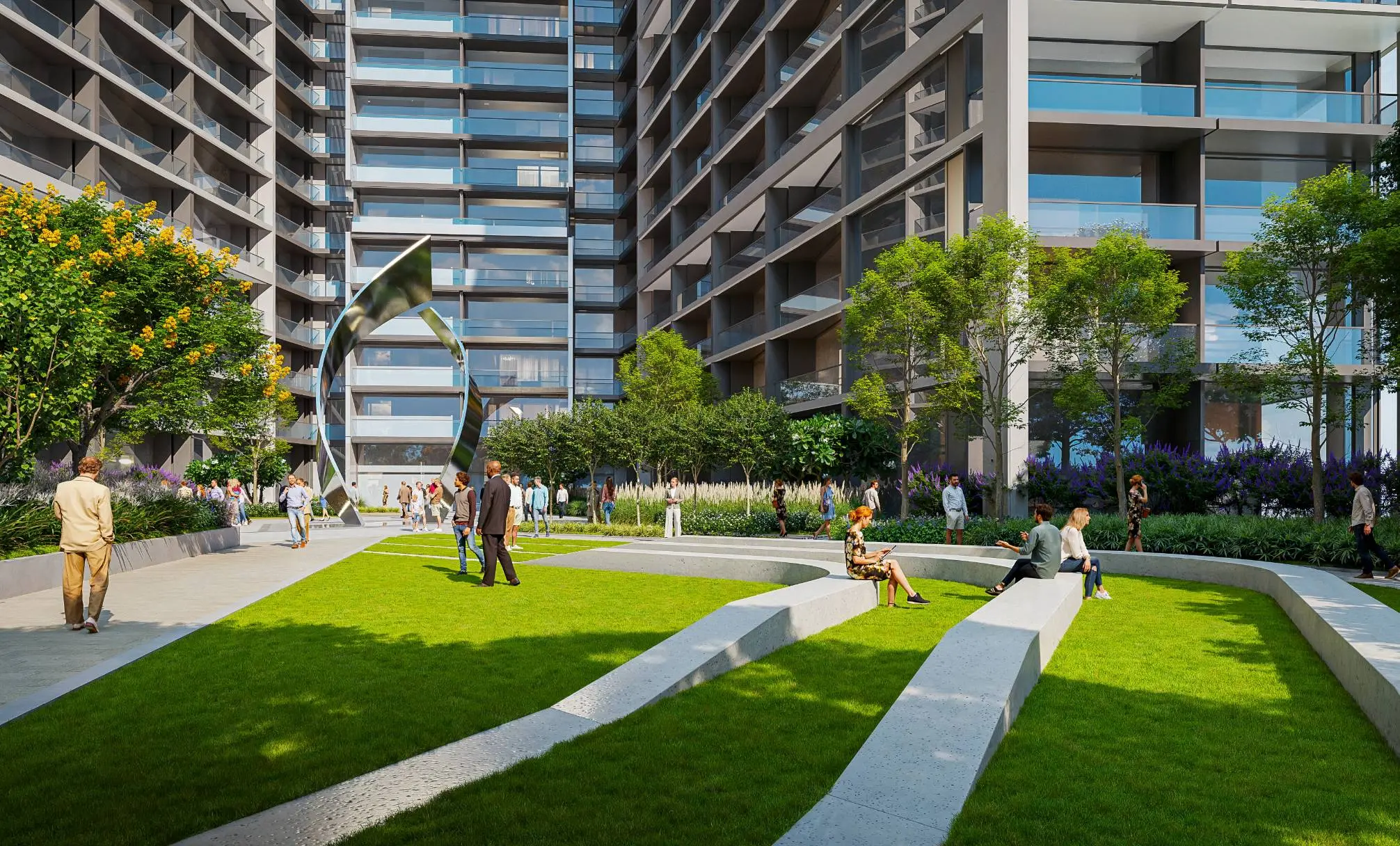 Render of the amphitheatre lawn, with stepped grass terraces, stone benches and a curved steel sculpture between the towers