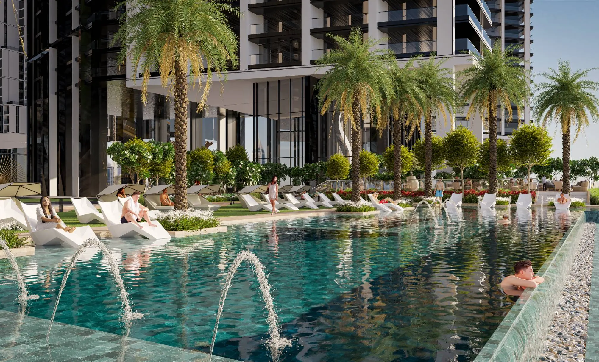 Render of the podium leisure pool, with arcing fountain jets, in-water sun loungers and palms below the towers