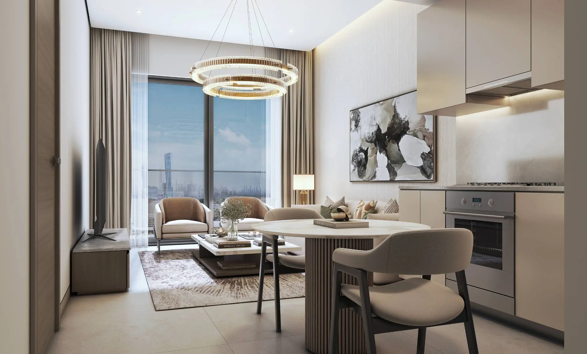 Render of an open-plan kitchen, dining and living room with a round table, two armchairs and a full-height window