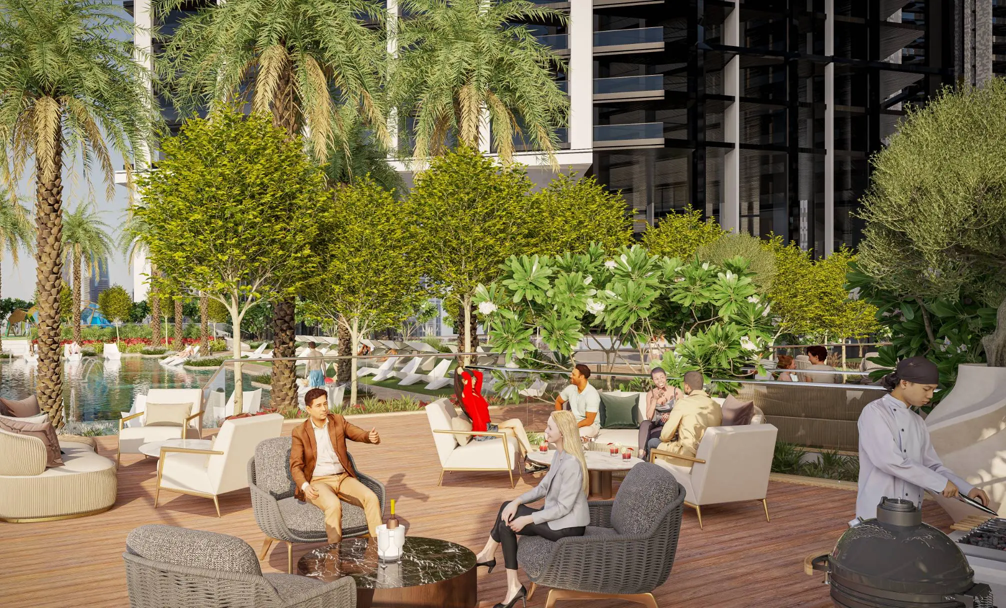 Render of a barbecue deck with lounge chairs under trees, a chef at a grill and the pool behind