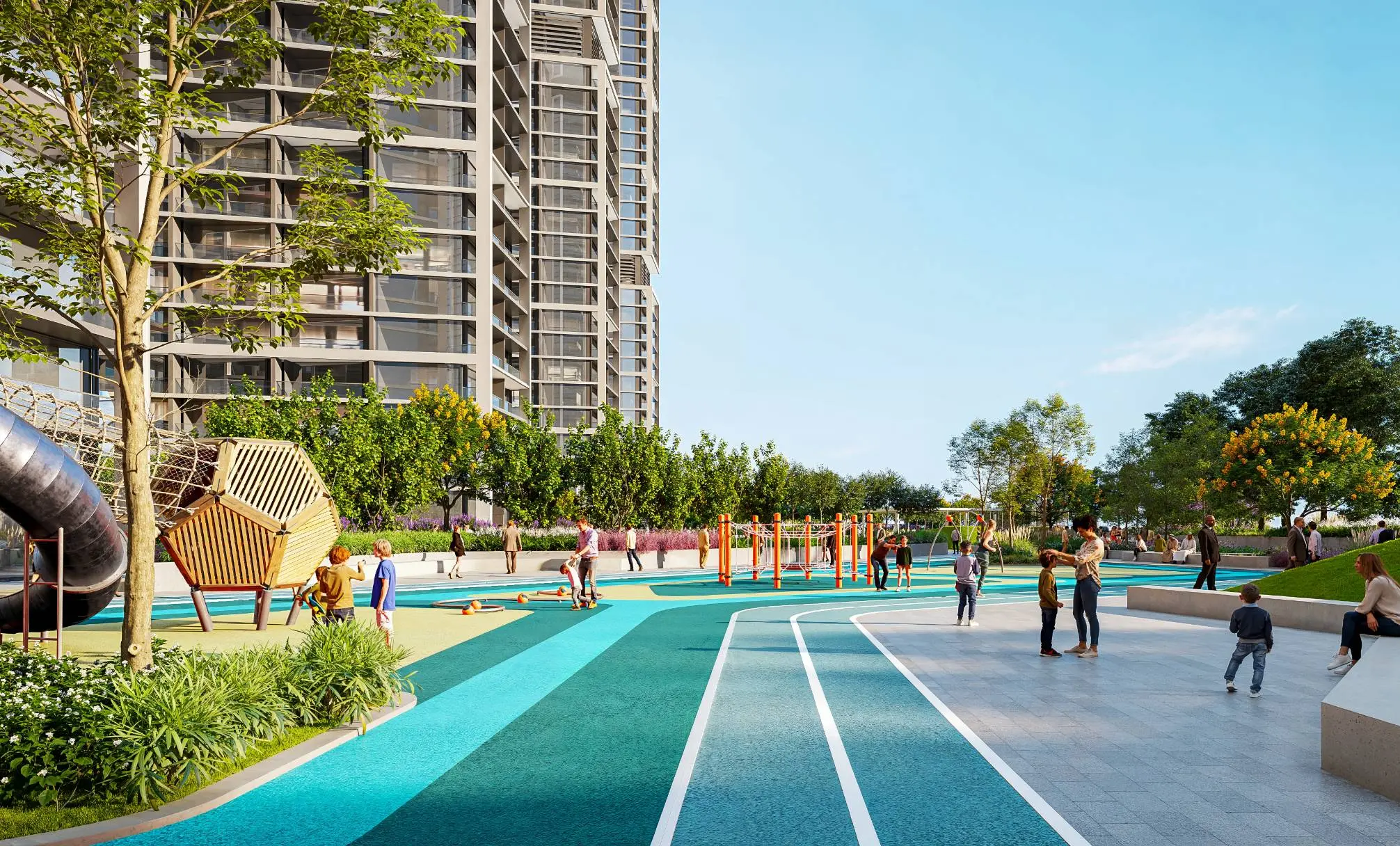 Render of a children's play area with a tube slide and a wooden climbing frame, beside a blue running track and orange fitness bars