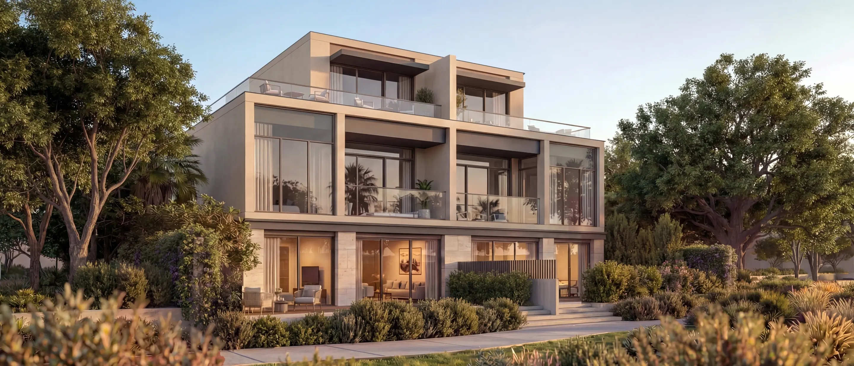 Render at sunset of a pair of garden villas from the back, with ground-floor patios, glass balconies and seating on the roof terraces