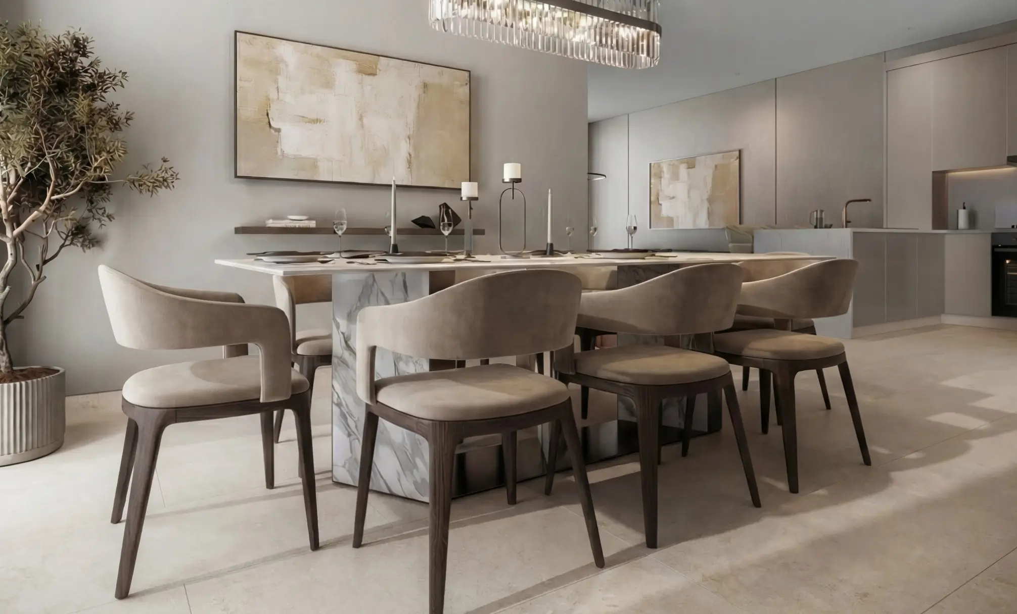 Render of a dining table with upholstered chairs under a crystal pendant, an open kitchen behind
