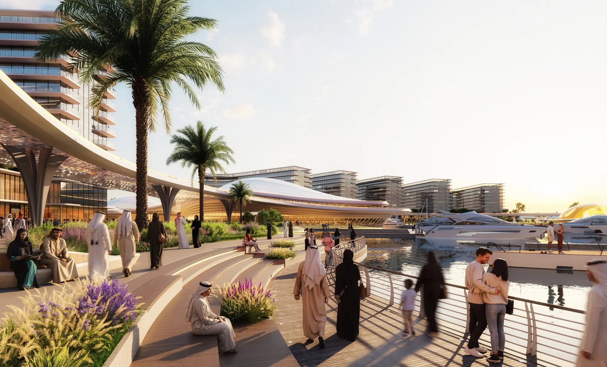 Render of people on a stepped waterfront promenade beside moored boats, with mid-rise towers behind