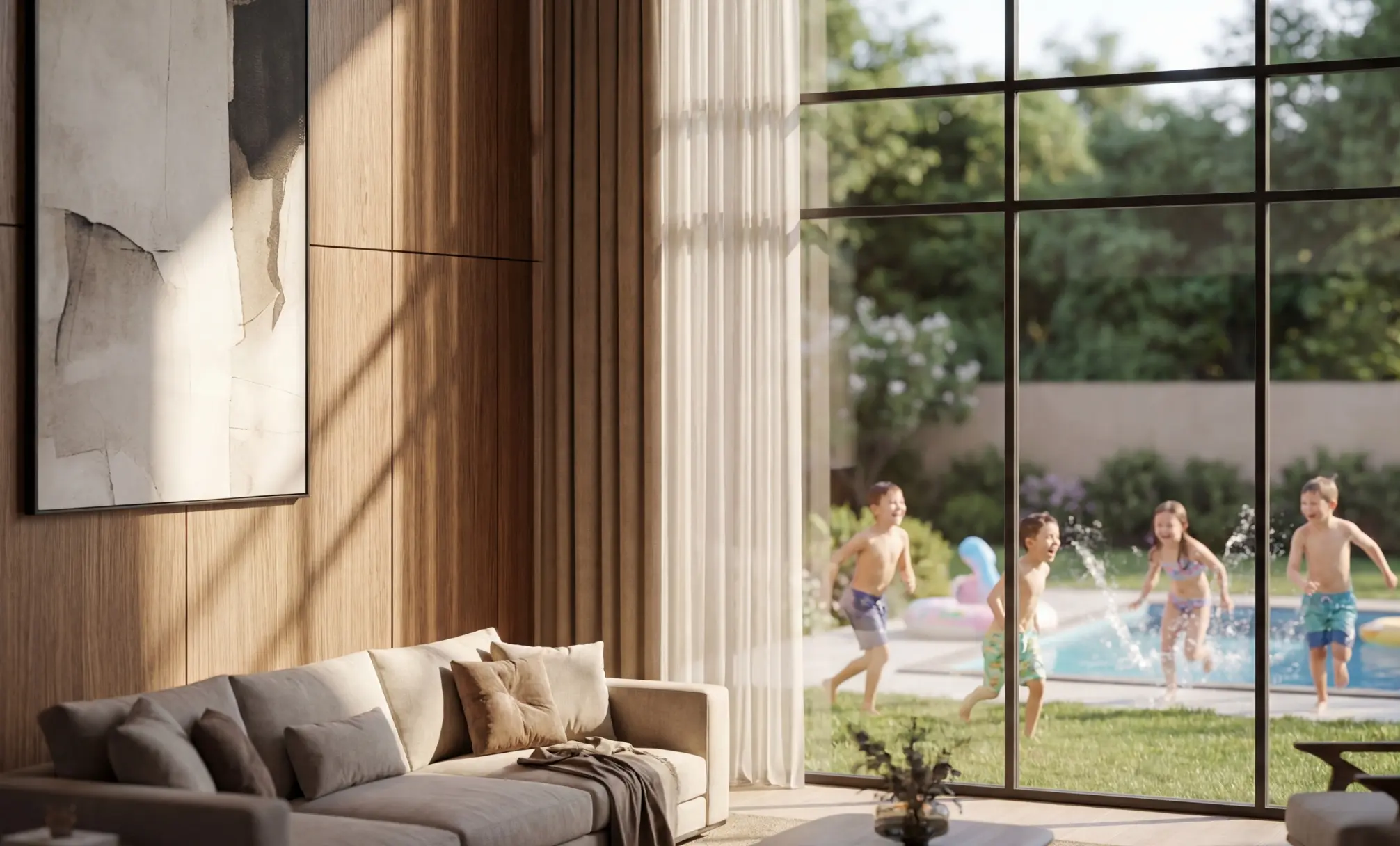 Render of a high-ceilinged living room with full-height glass and curtains, children running by a pool outside