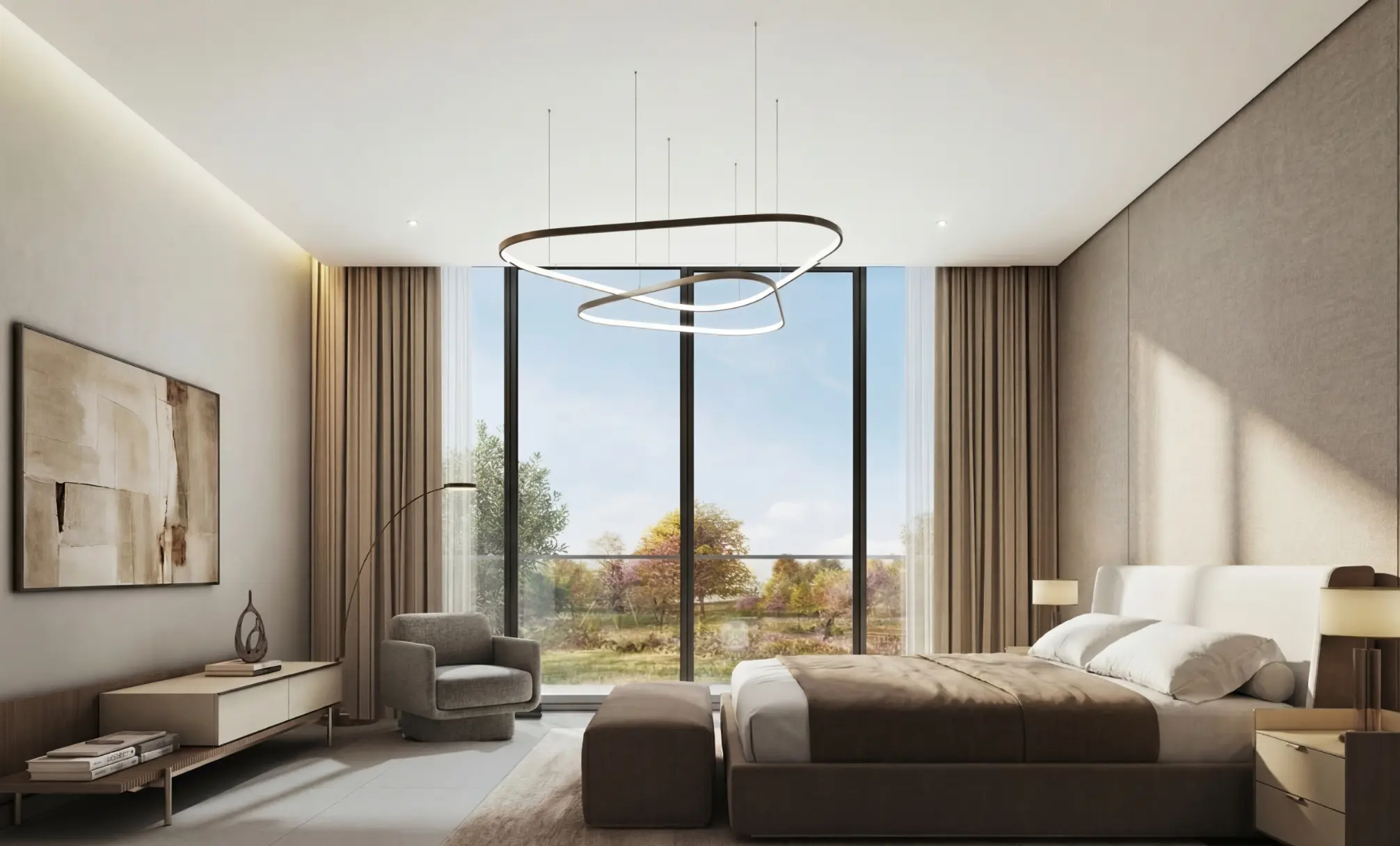 Render of a bedroom with a ring pendant light and floor-to-ceiling windows over trees