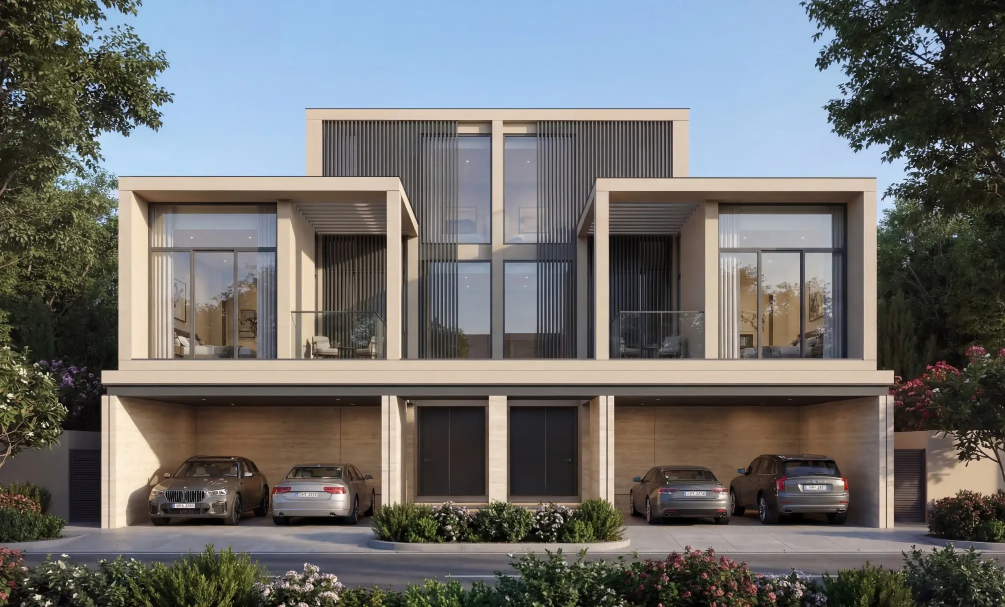 Render of the street front of two mirrored garden villas, each with two cars under a covered carport