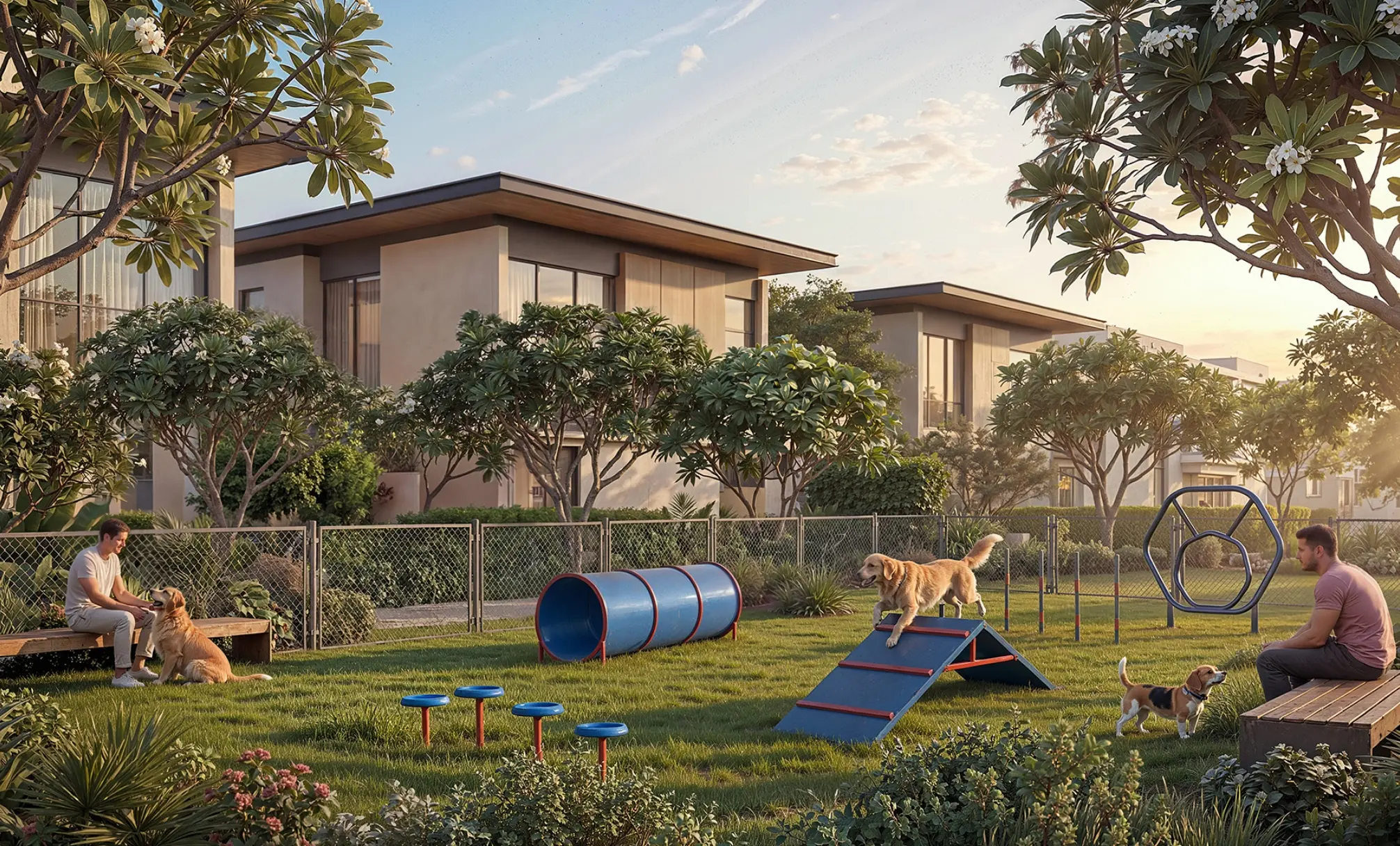 Render of a fenced dog park with agility tunnels, ramps and benches on a lawn, with villas behind