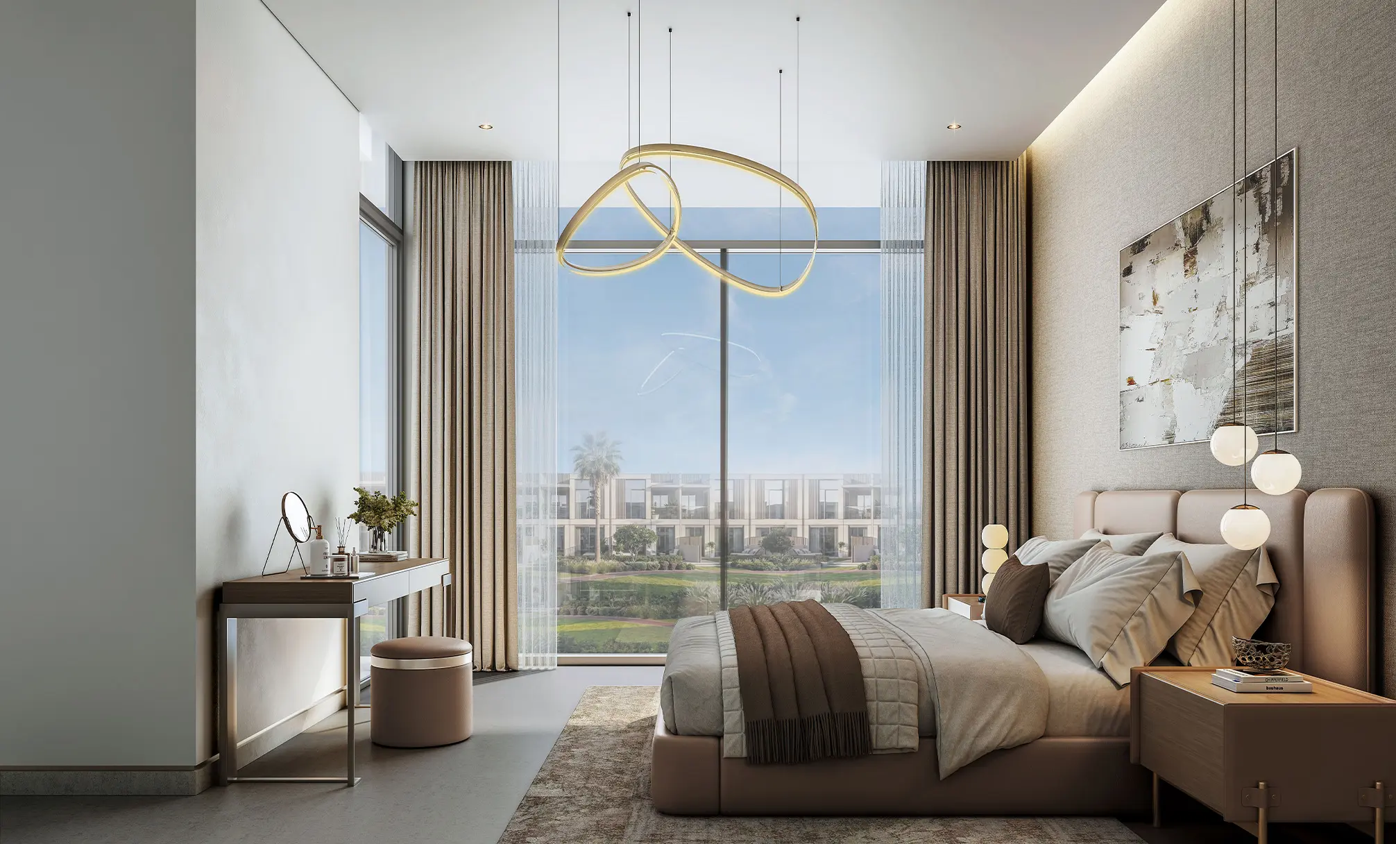 Render of a bedroom with a full-height window looking out over a row of villas