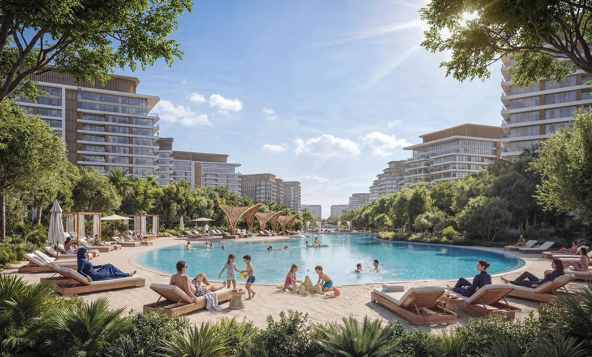 Render of a beach lagoon with sun loungers and children playing on the sand, apartment buildings around it