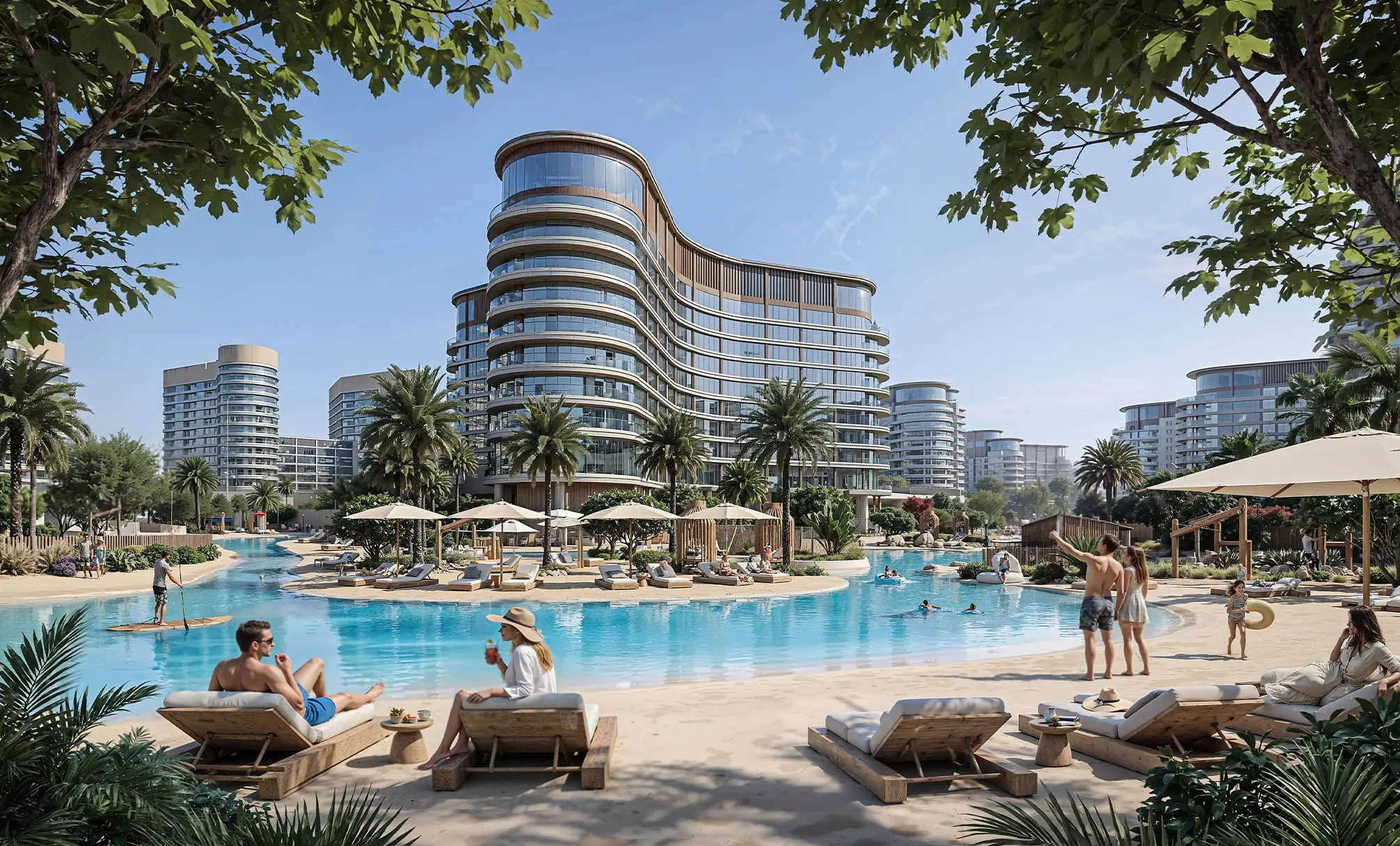Render of a beach lagoon with loungers and parasols in front of a curved apartment building